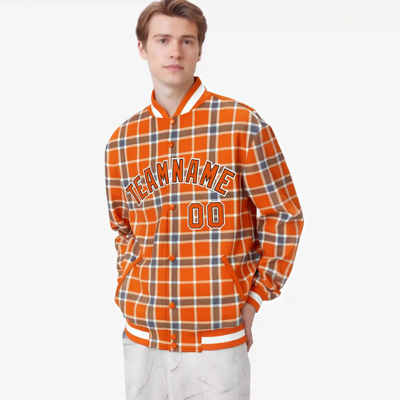 Custom Orange-Light Brown Varsity Full-Snap Plaid Pattern Letterman Baseball Jacket