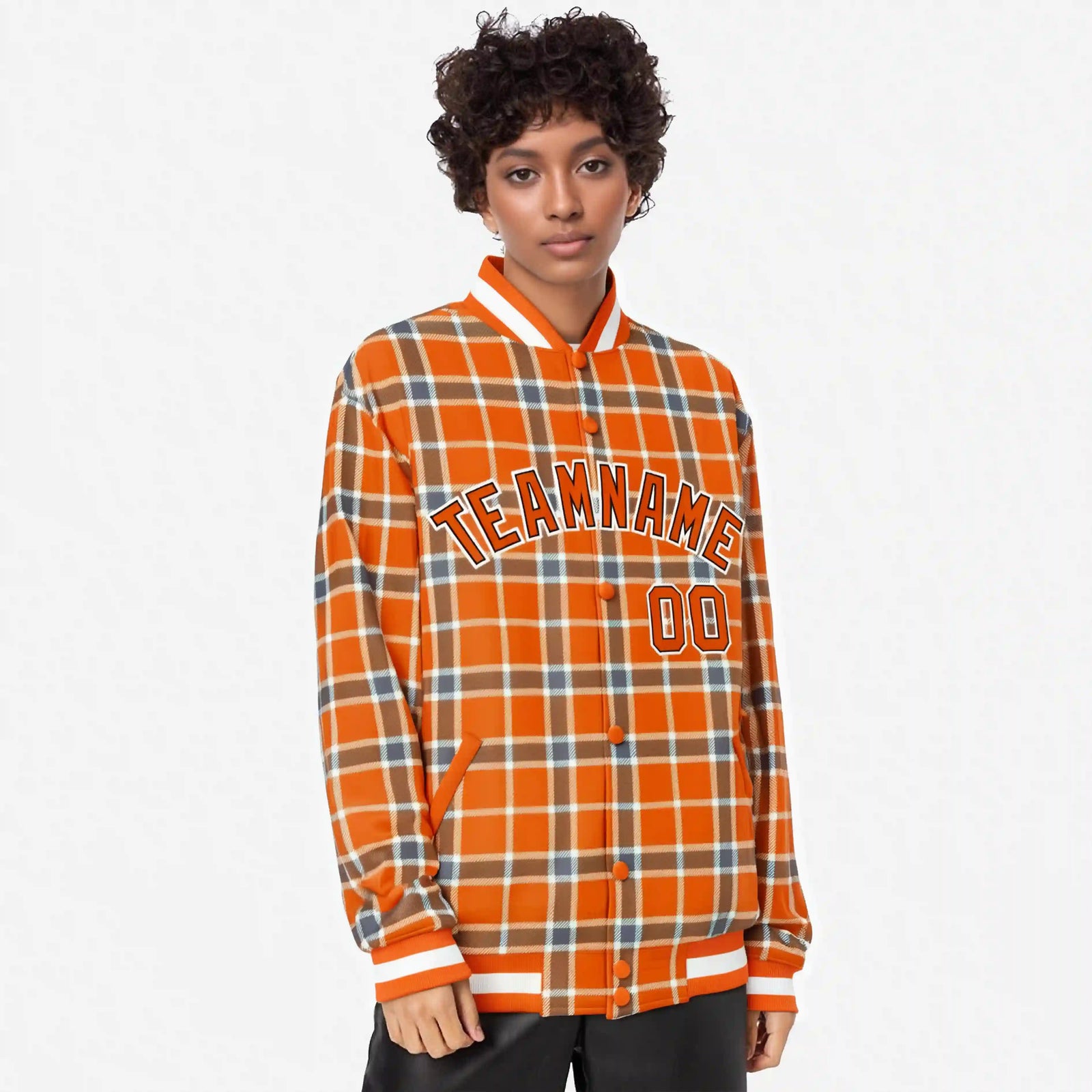 Custom Orange-Light Brown Varsity Full-Snap Plaid Pattern Letterman Baseball Jacket