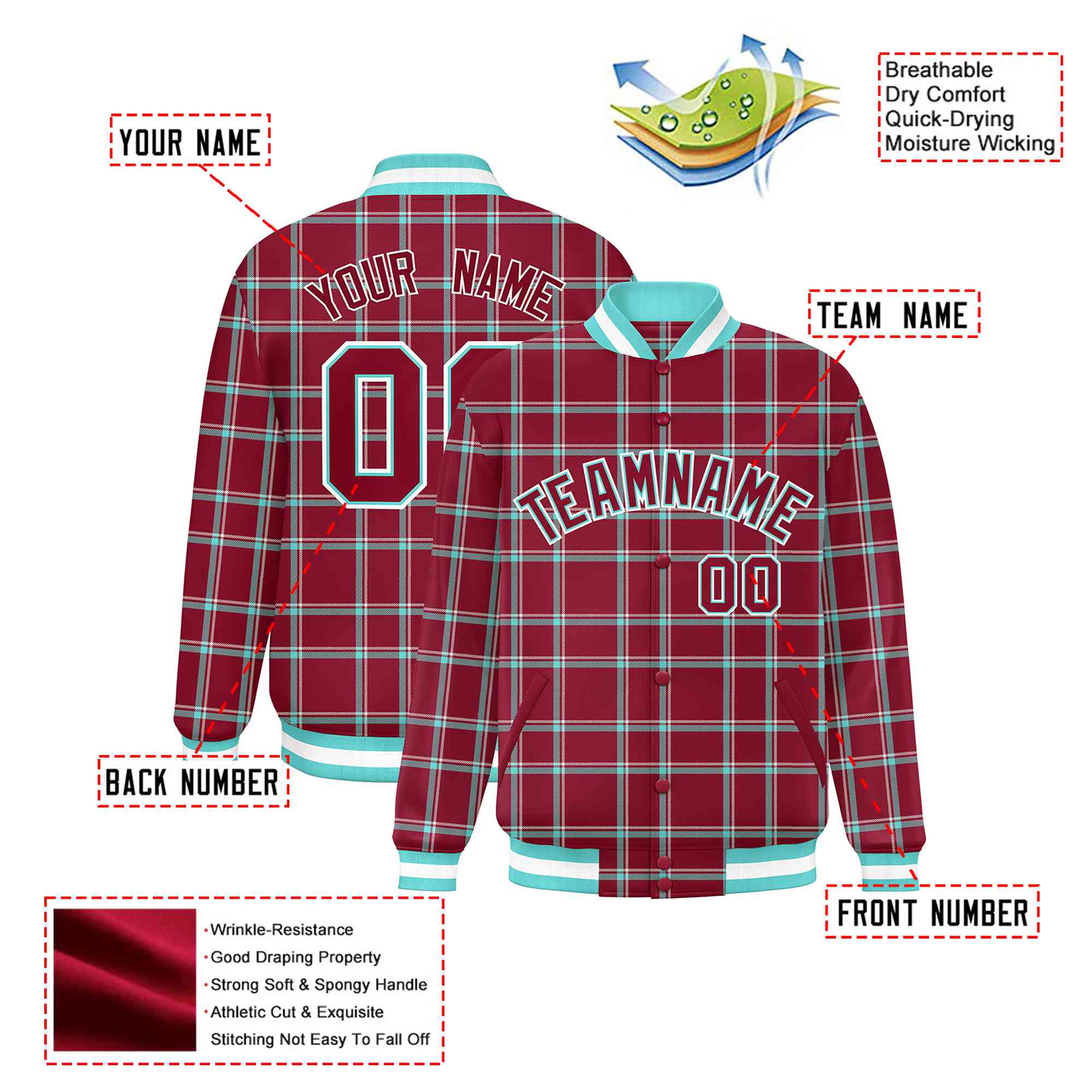 Custom Crimson-Aqua Varsity Full-Snap Plaid Pattern Letterman Baseball Jacket