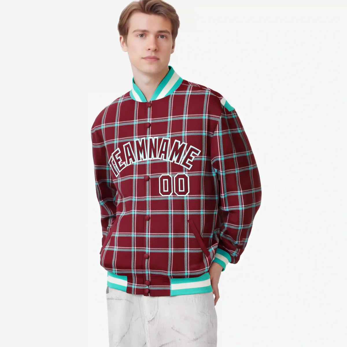 Custom Crimson-Aqua Varsity Full-Snap Plaid Pattern Letterman Baseball Jacket