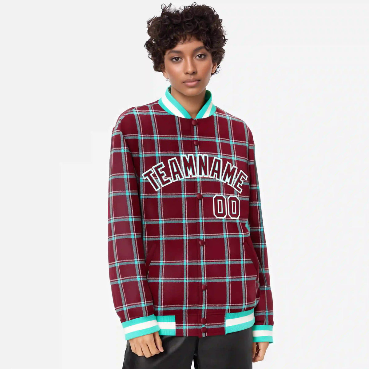 Custom Crimson-Aqua Varsity Full-Snap Plaid Pattern Letterman Baseball Jacket