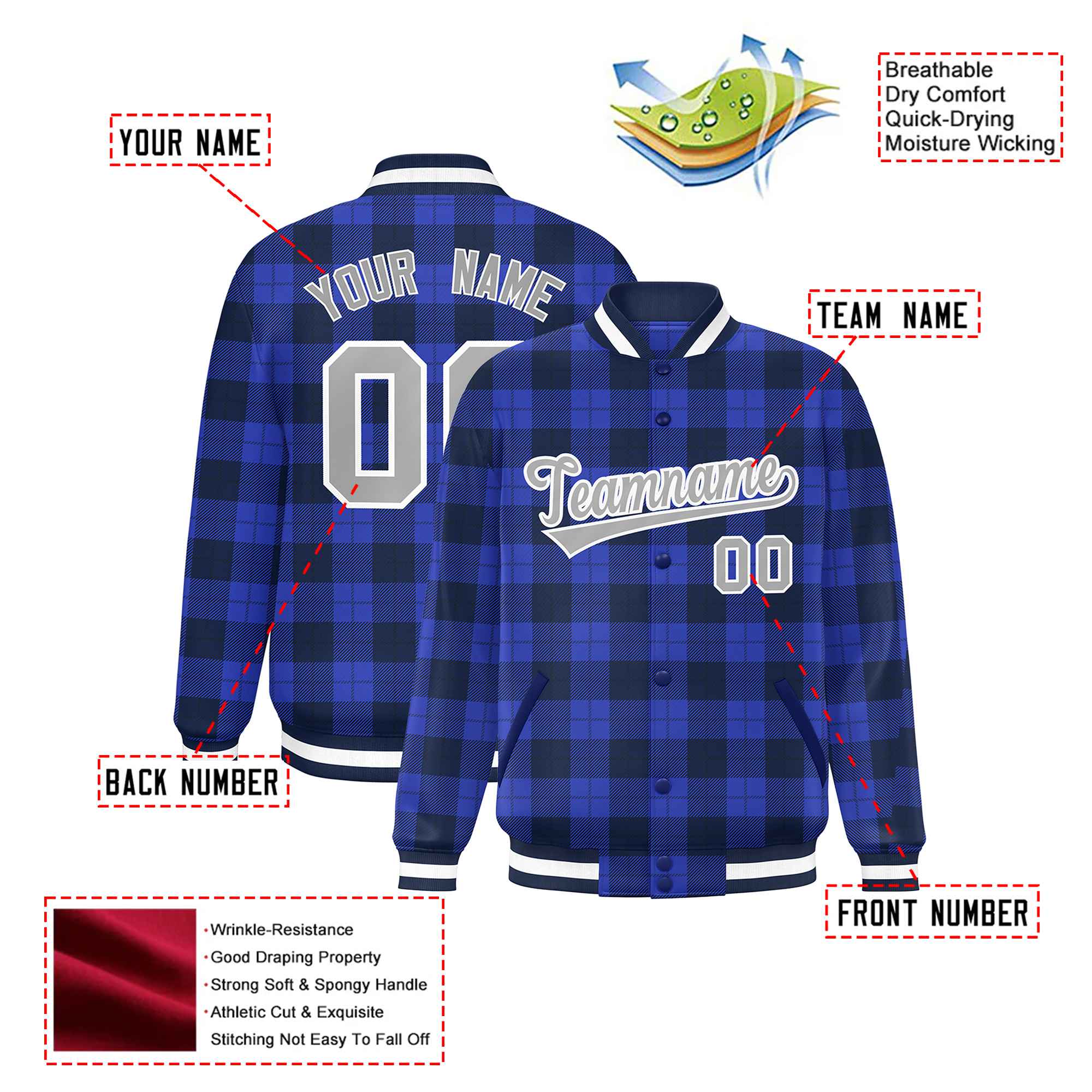 Custom Royal Blue-Black Varsity Full-Snap Plaid Pattern Letterman Baseball Jacket