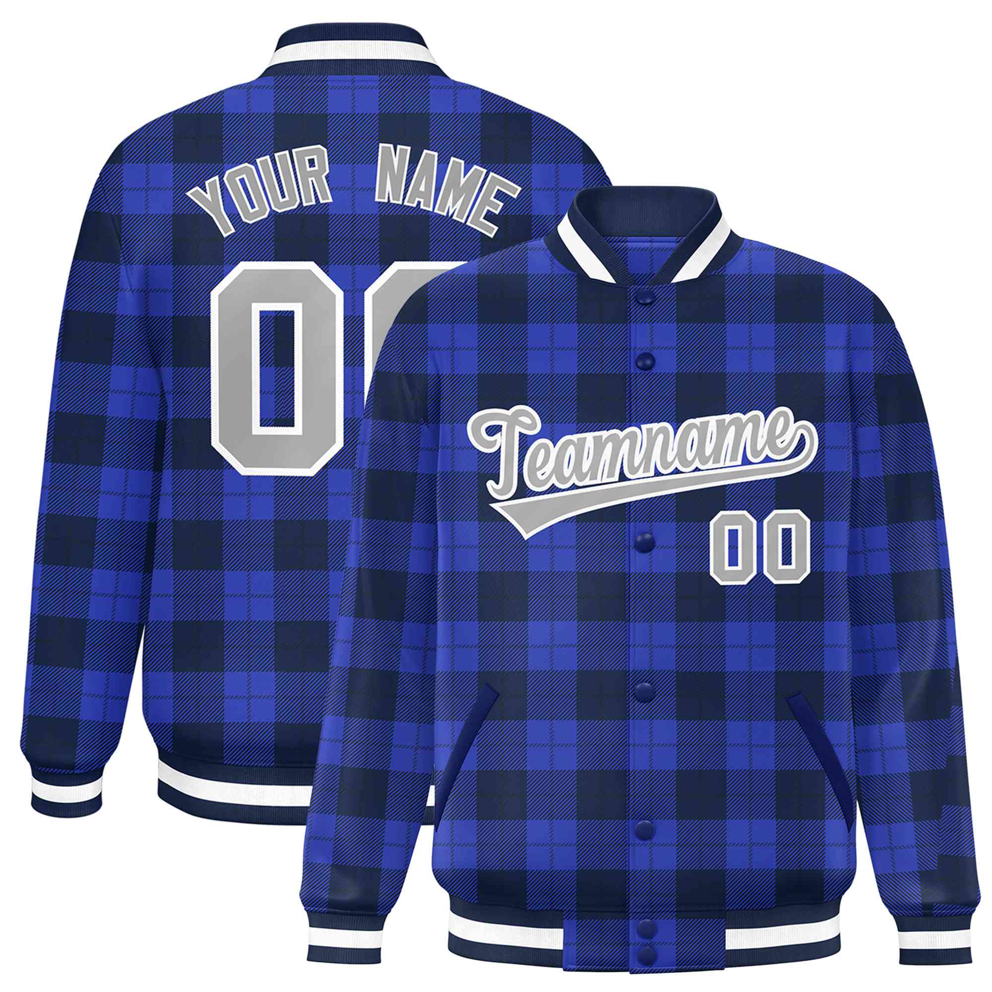 Custom Royal Blue-Black Varsity Full-Snap Plaid Pattern Letterman Baseball Jacket