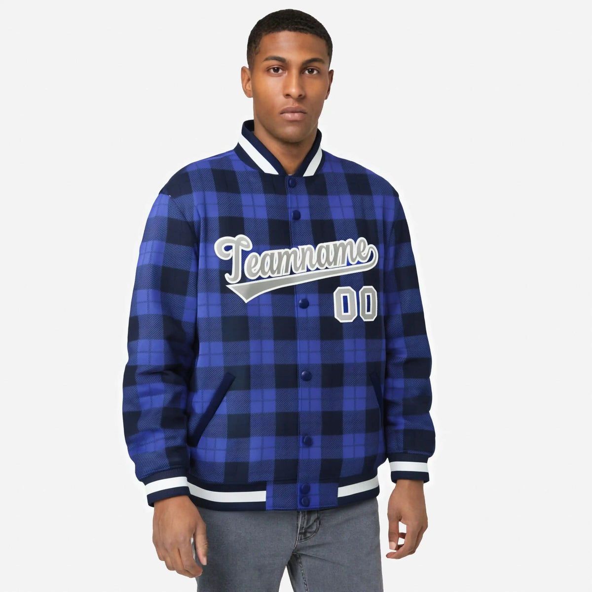 Custom Royal Blue-Black Varsity Full-Snap Plaid Pattern Letterman Baseball Jacket