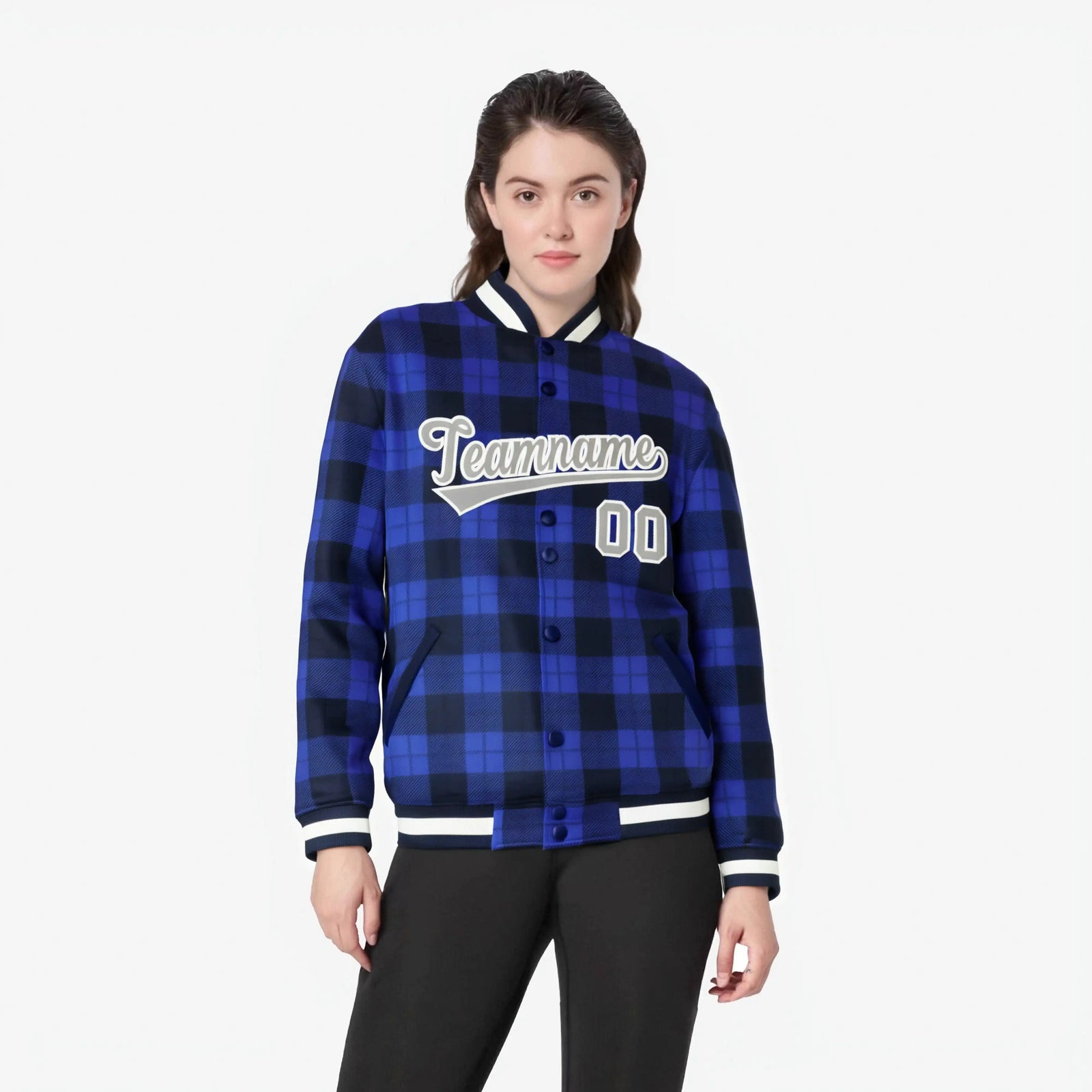 Custom Royal Blue-Black Varsity Full-Snap Plaid Pattern Letterman Baseball Jacket