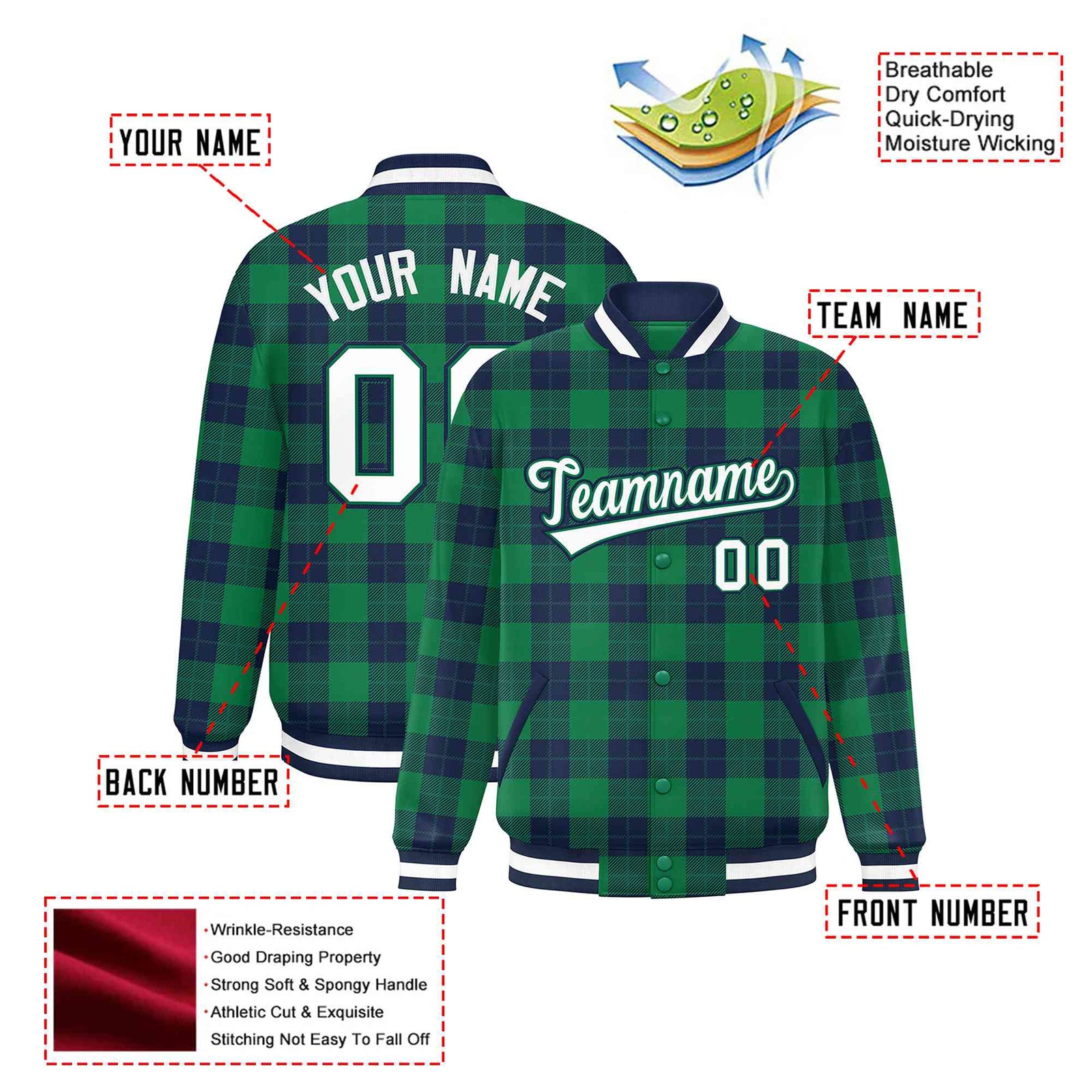 Custom Kelly Green-Navy Varsity Full-Snap Plaid Pattern Letterman Baseball Jacket