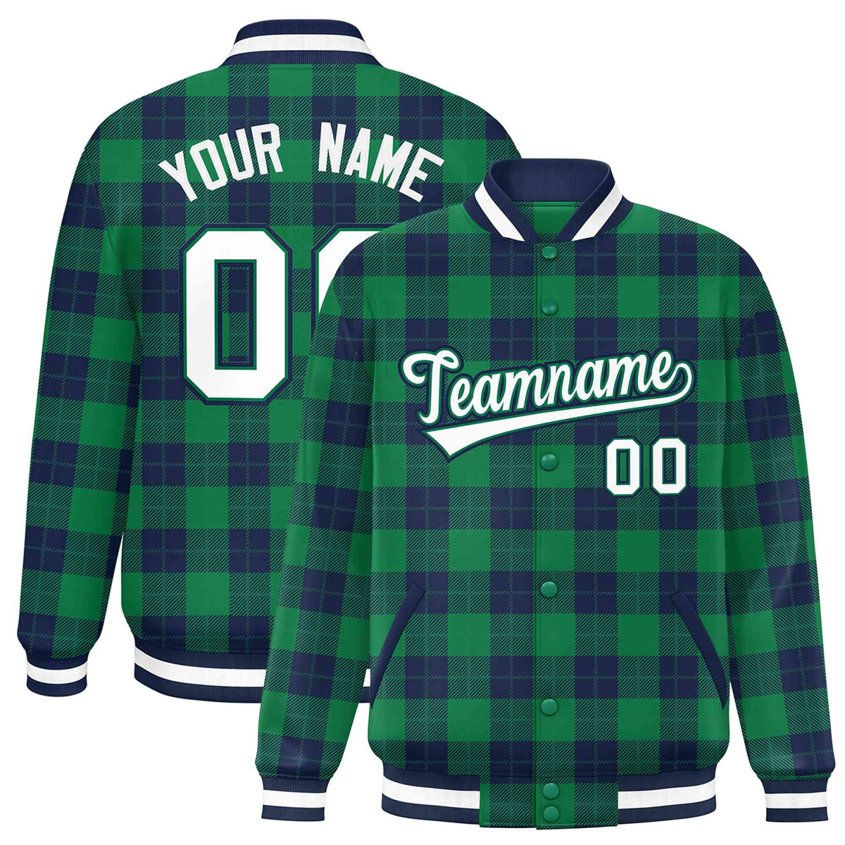 Custom Kelly Green-Navy Varsity Full-Snap Plaid Pattern Letterman Baseball Jacket