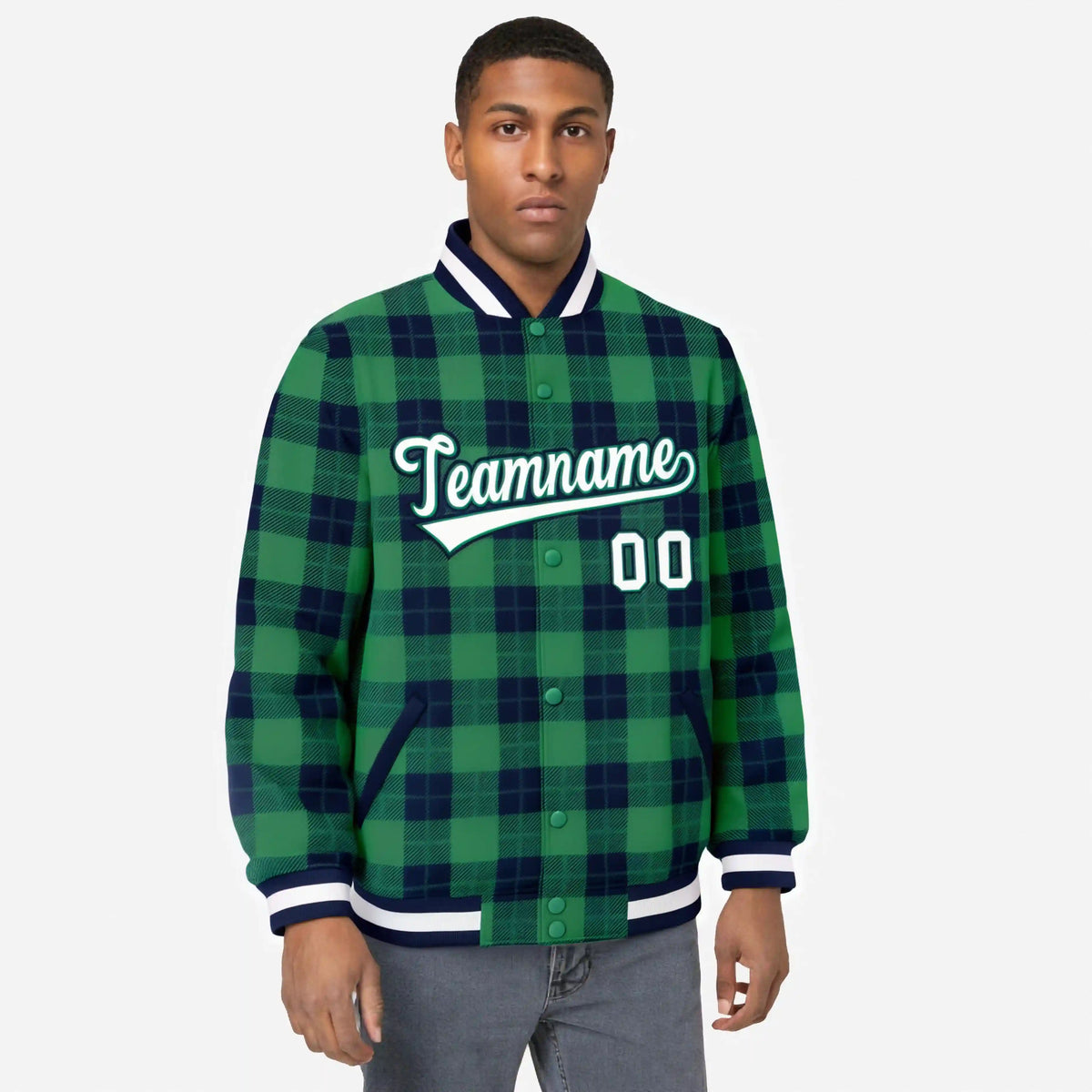 Custom Kelly Green-Navy Varsity Full-Snap Plaid Pattern Letterman Baseball Jacket