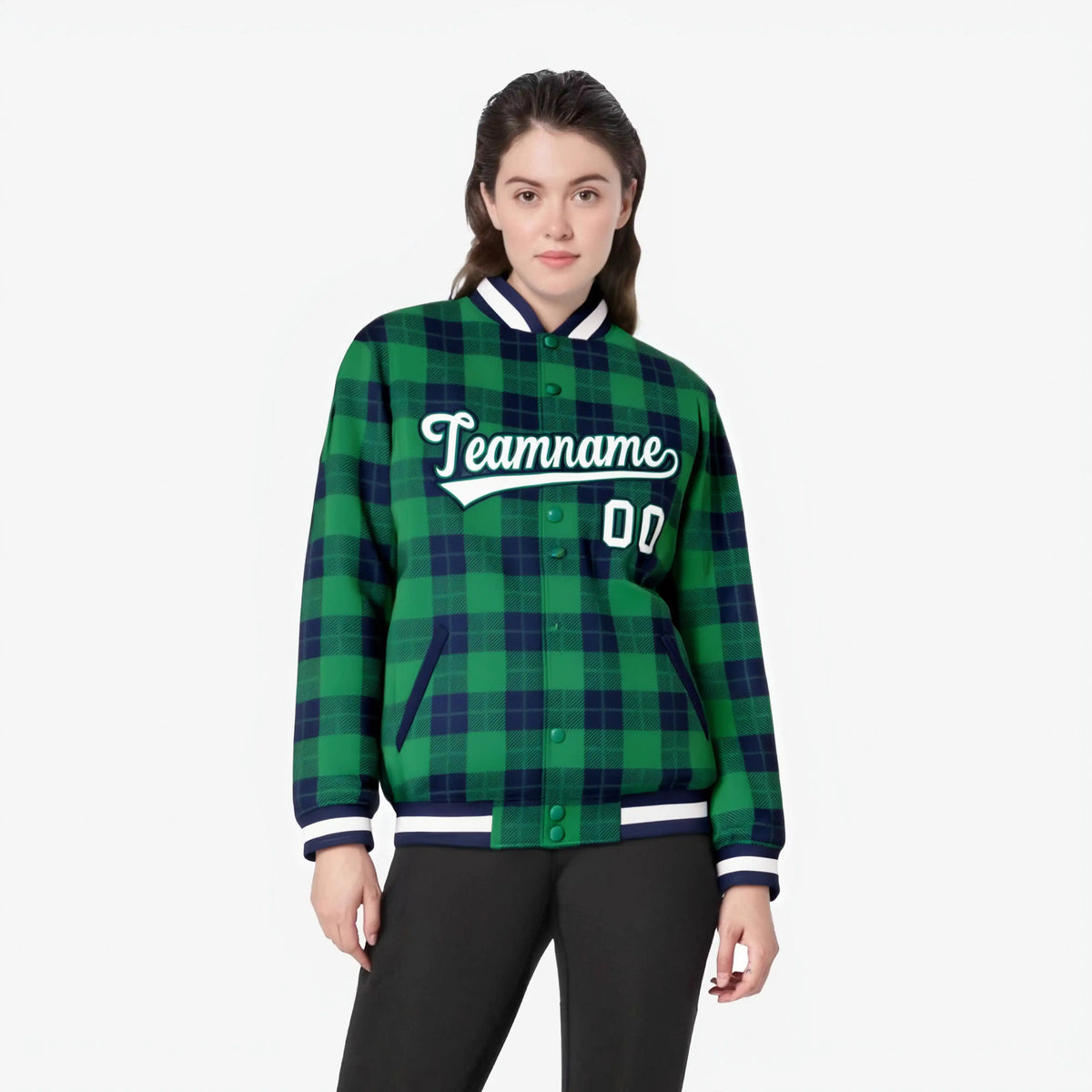 Custom Kelly Green-Navy Varsity Full-Snap Plaid Pattern Letterman Baseball Jacket