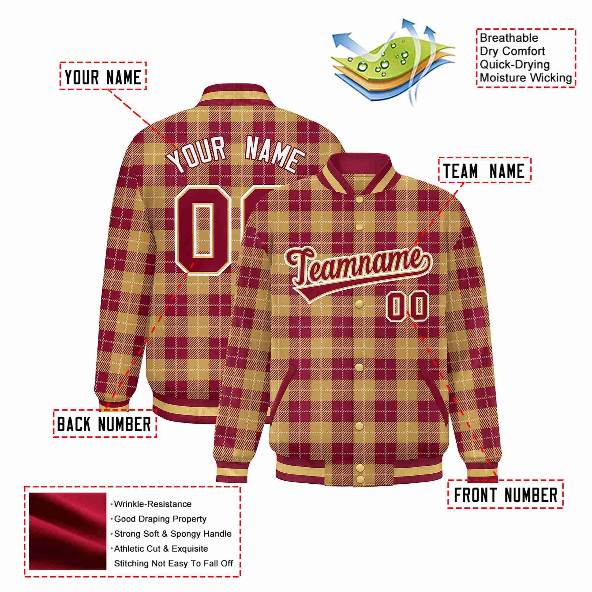 Custom Red-Gold Varsity Full-Snap Plaid Pattern Letterman Baseball Jacket