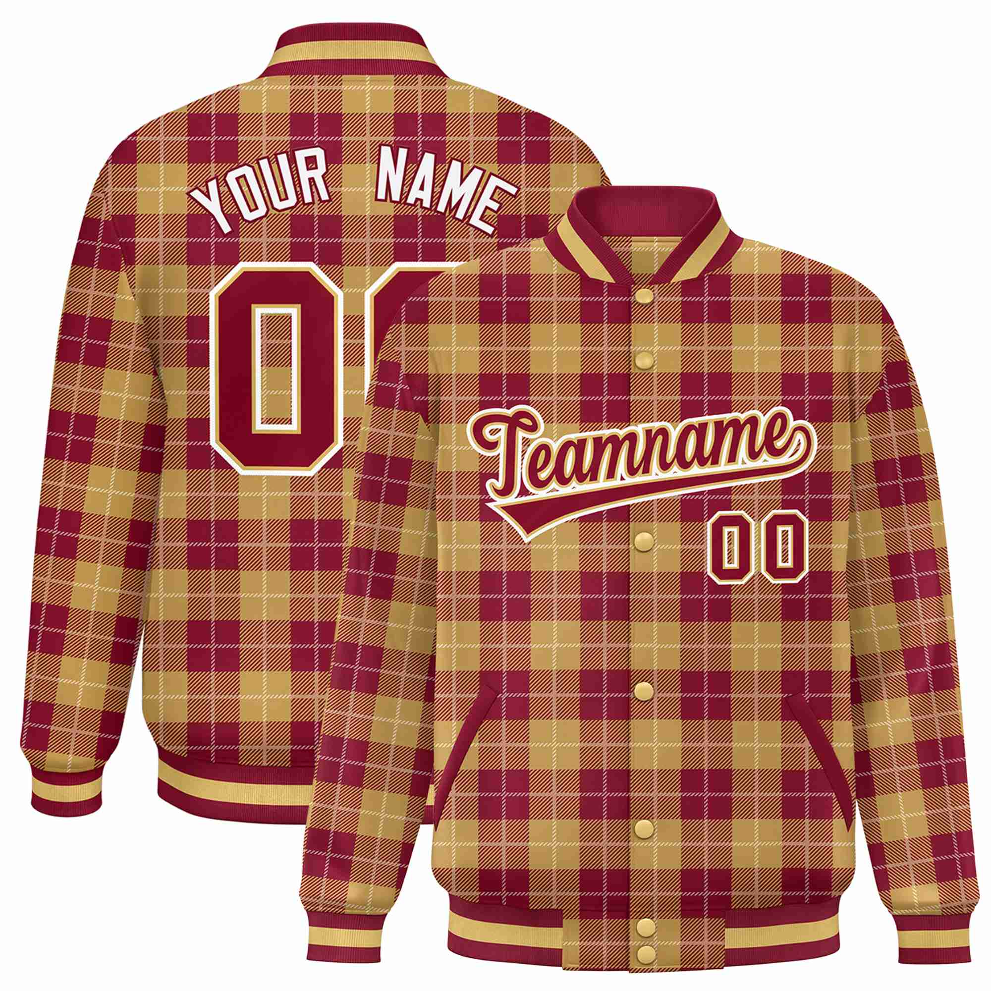 Custom Red-Gold Varsity Full-Snap Plaid Pattern Letterman Baseball Jacket