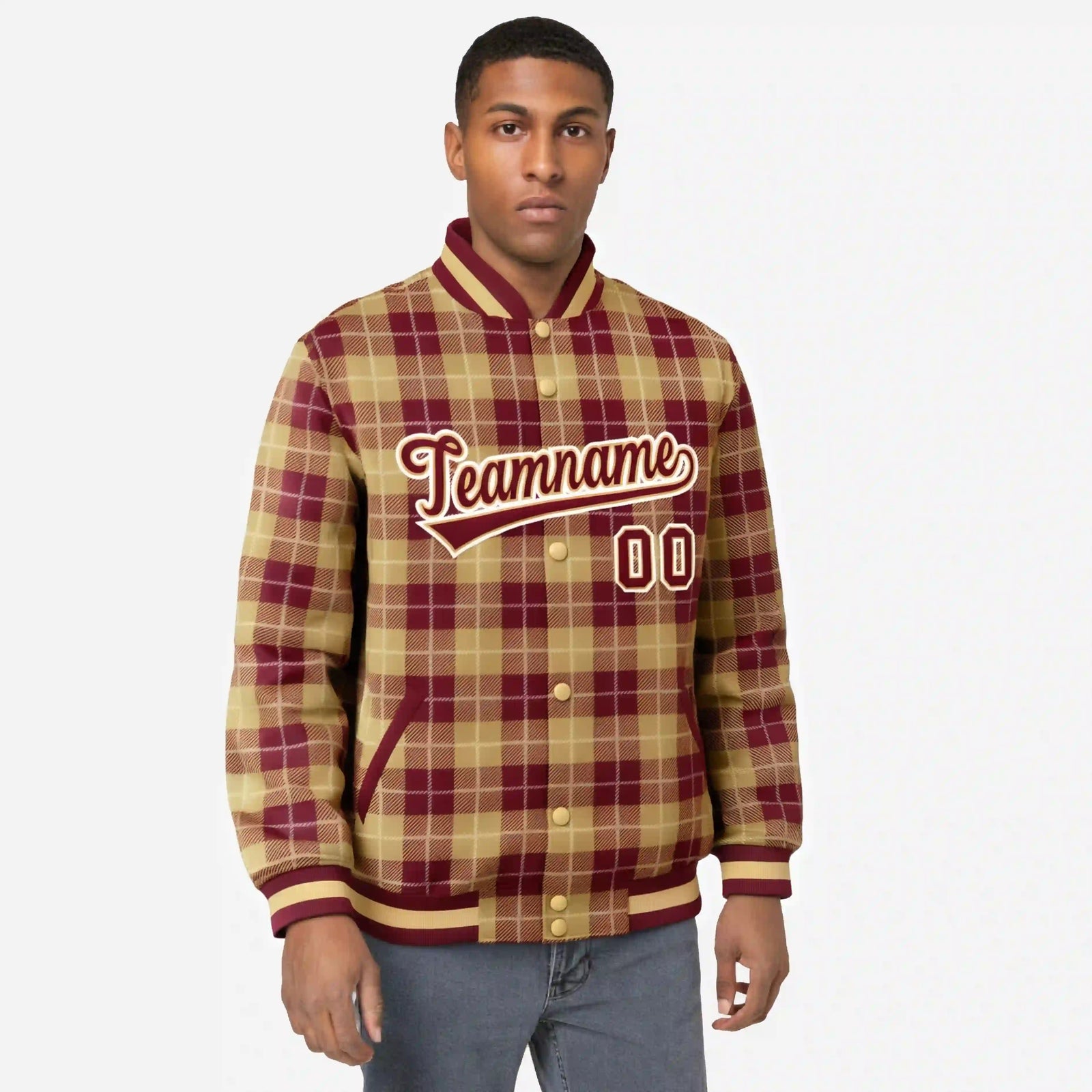 Custom Red-Gold Varsity Full-Snap Plaid Pattern Letterman Baseball Jacket