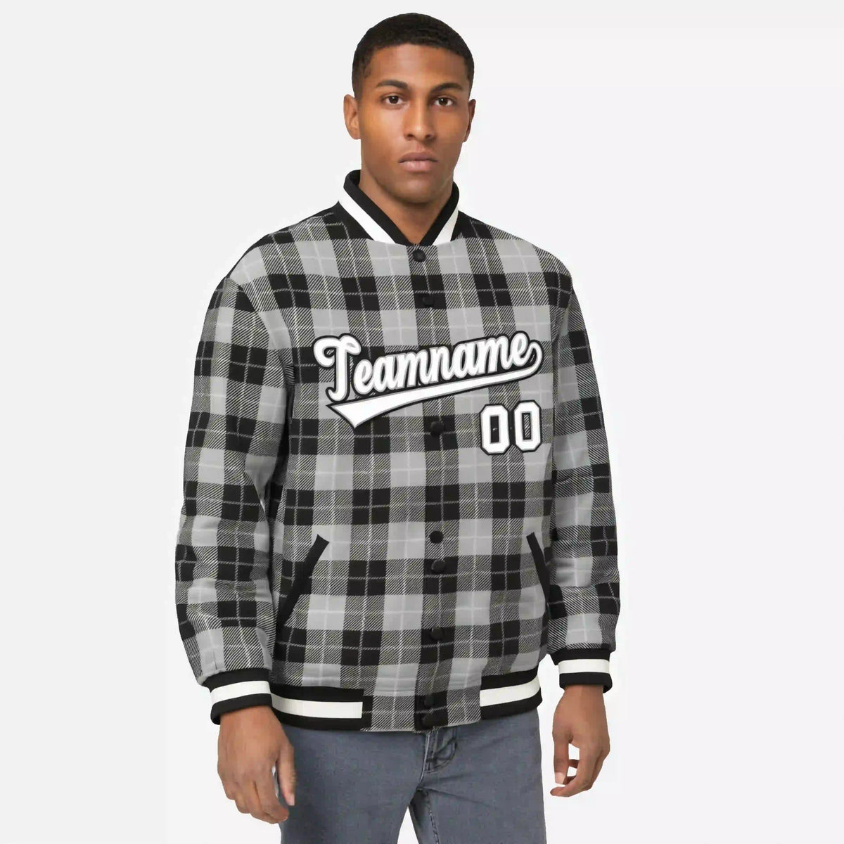 Custom Gray-Black Varsity Full-Snap Plaid Pattern Letterman Baseball Jacket