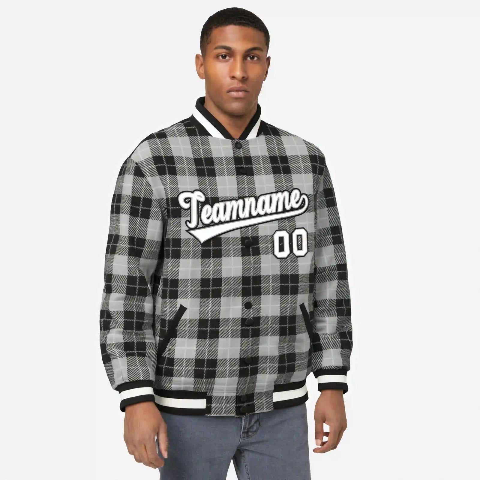 Custom Gray-Black Varsity Full-Snap Plaid Pattern Letterman Baseball Jacket