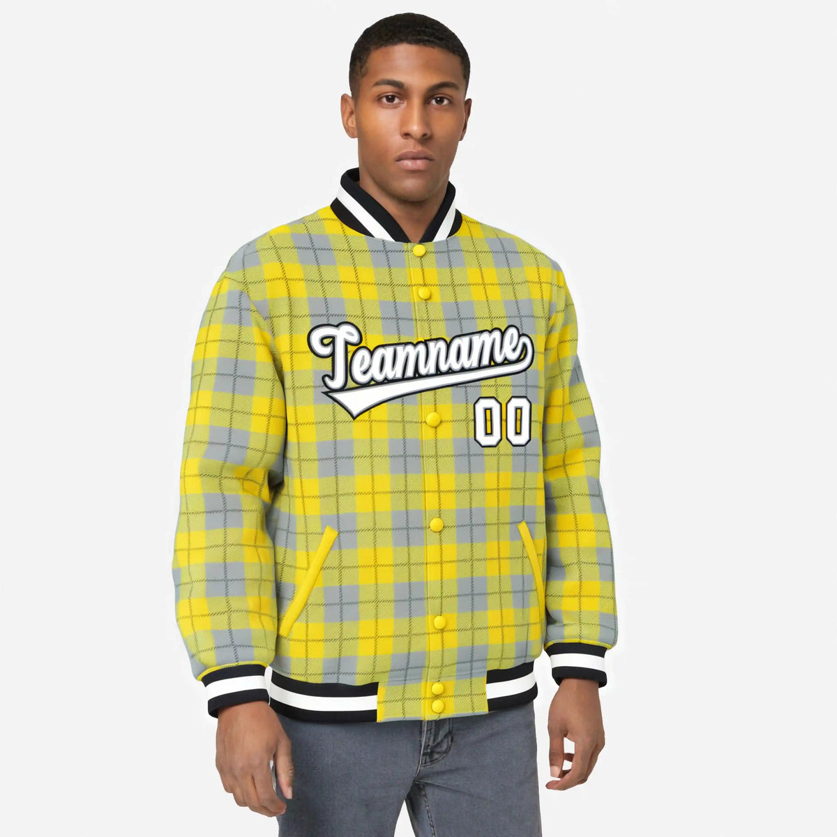 Custom Gold-Gray Varsity Full-Snap Plaid Pattern Letterman Baseball Jacket