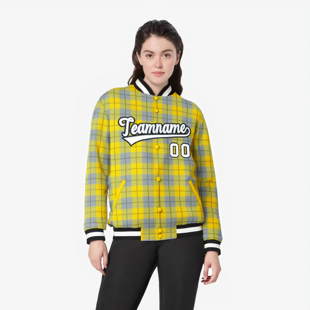 Custom Gold-Gray Varsity Full-Snap Plaid Pattern Letterman Baseball Jacket