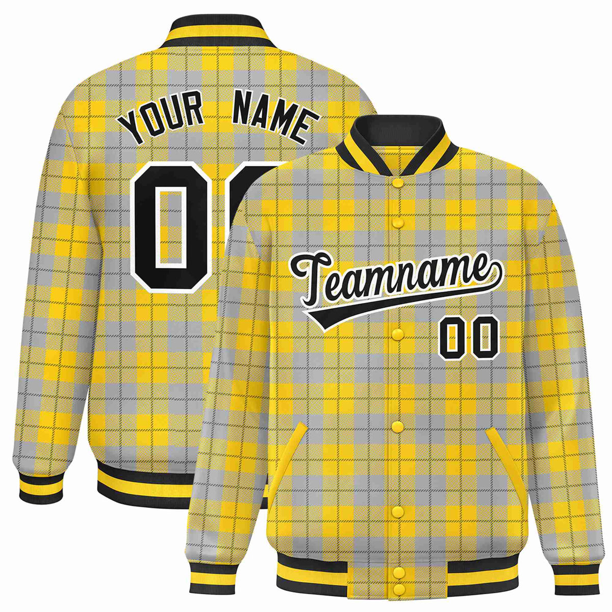 Custom Gold-Gray Varsity Full-Snap Plaid Pattern Letterman Baseball Jacket