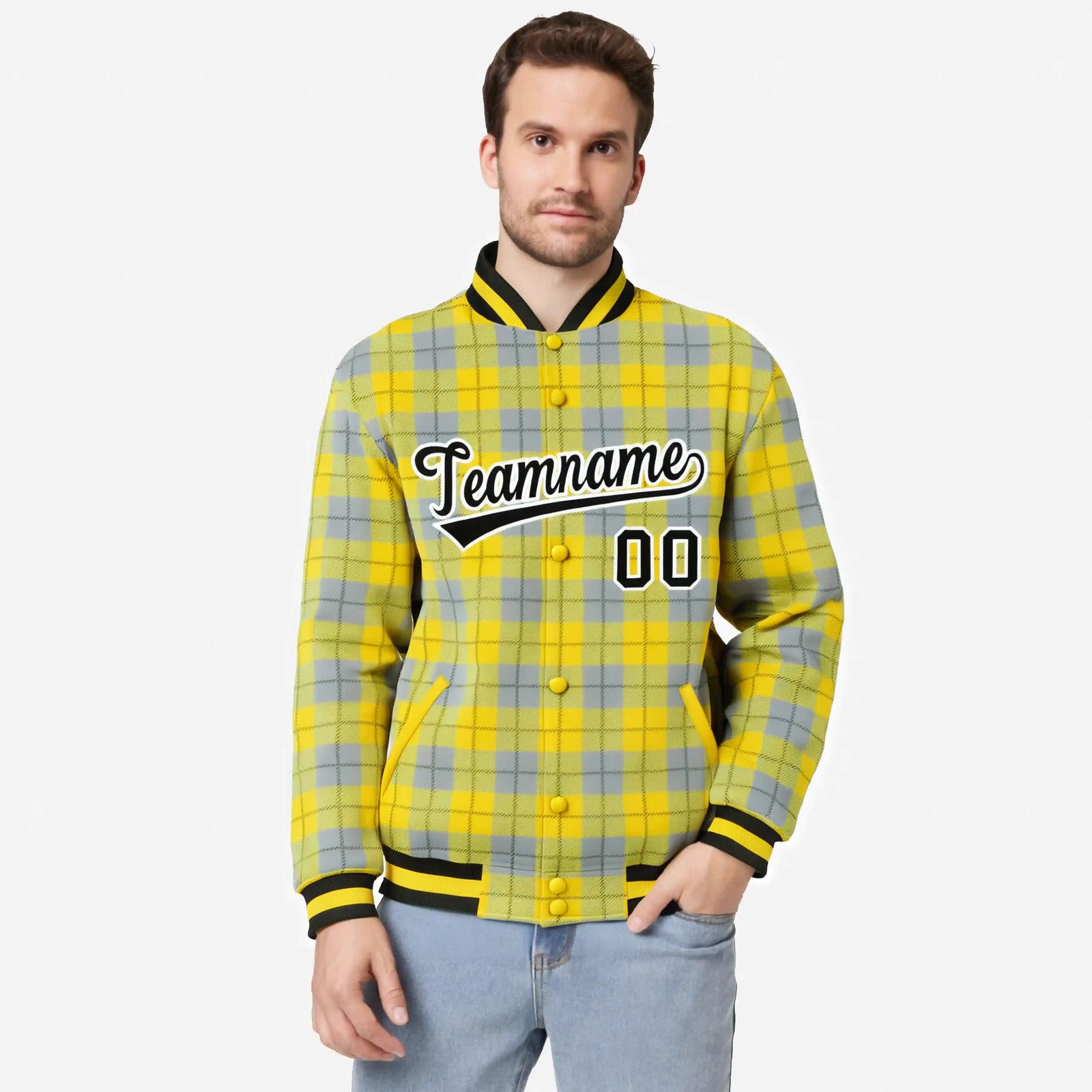 Custom Gold-Gray Varsity Full-Snap Plaid Pattern Letterman Baseball Jacket