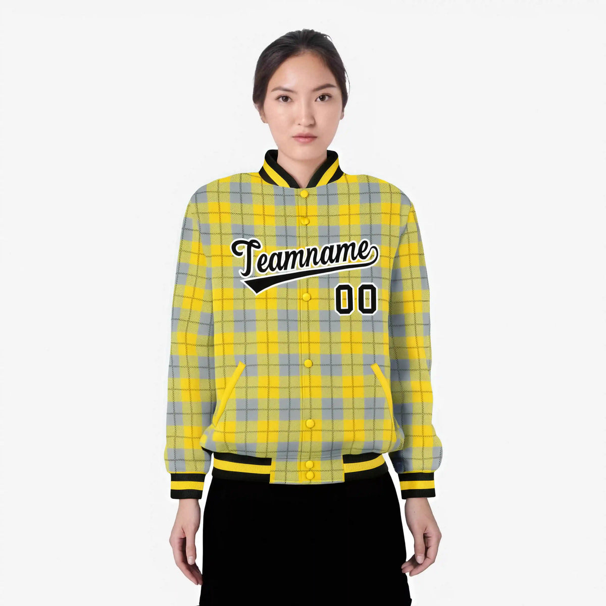 Custom Gold-Gray Varsity Full-Snap Plaid Pattern Letterman Baseball Jacket
