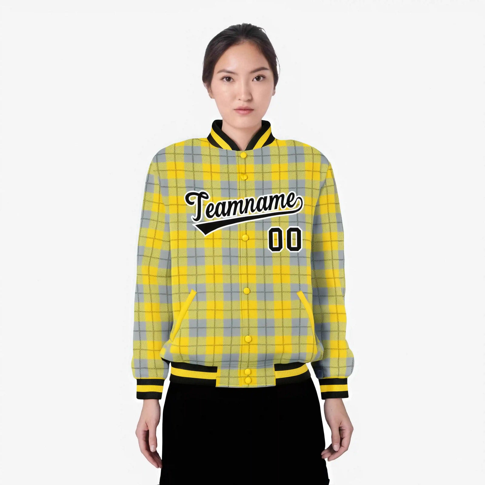 Custom Gold-Gray Varsity Full-Snap Plaid Pattern Letterman Baseball Jacket