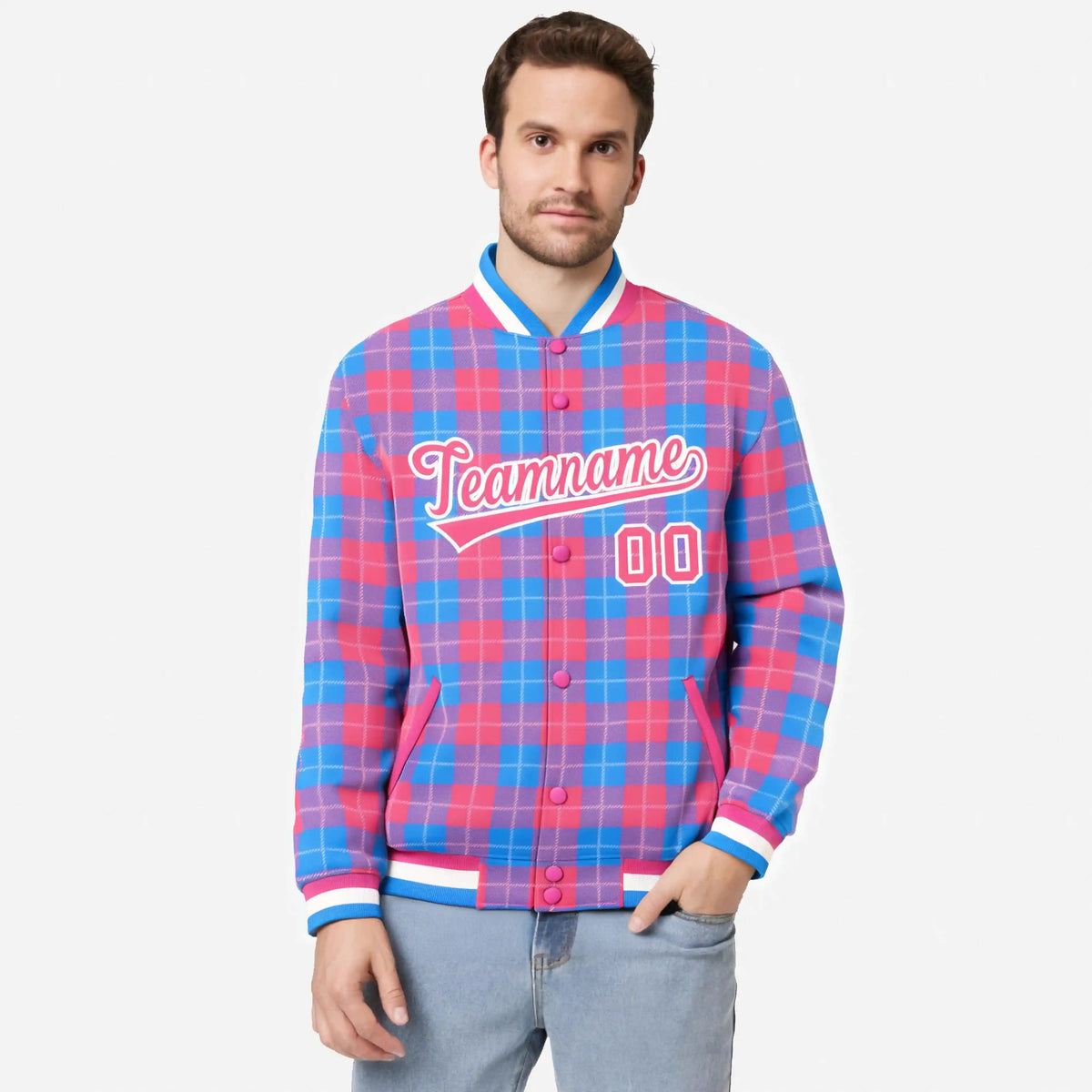 Custom Powder Blue-Pink Varsity Full-Snap Plaid Pattern Letterman Baseball Jacket
