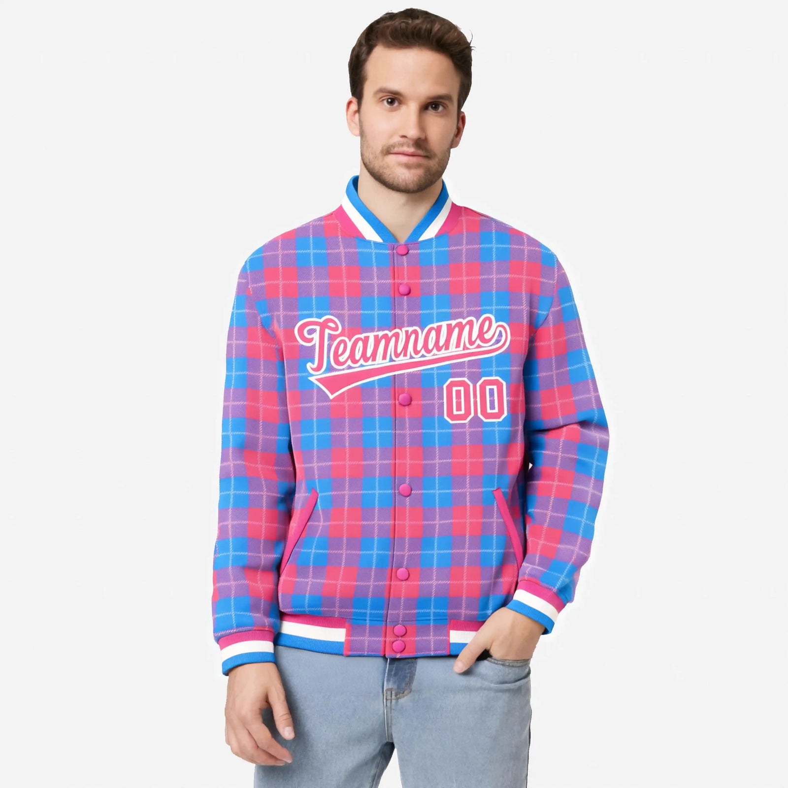 Custom Powder Blue-Pink Varsity Full-Snap Plaid Pattern Letterman Baseball Jacket