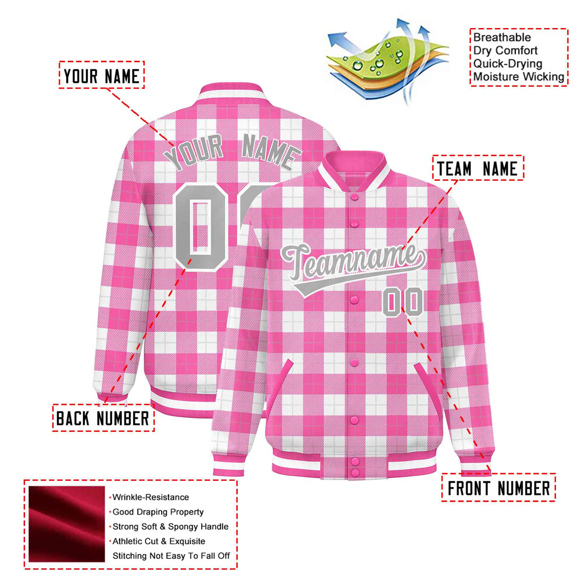 Custom Pink-White Varsity Full-Snap Plaid Pattern Letterman Baseball Jacket