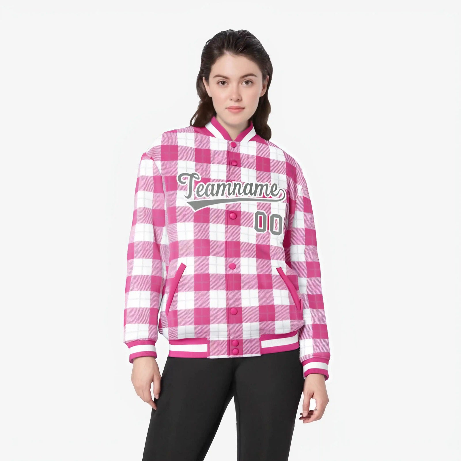 Custom Pink-White Varsity Full-Snap Plaid Pattern Letterman Baseball Jacket