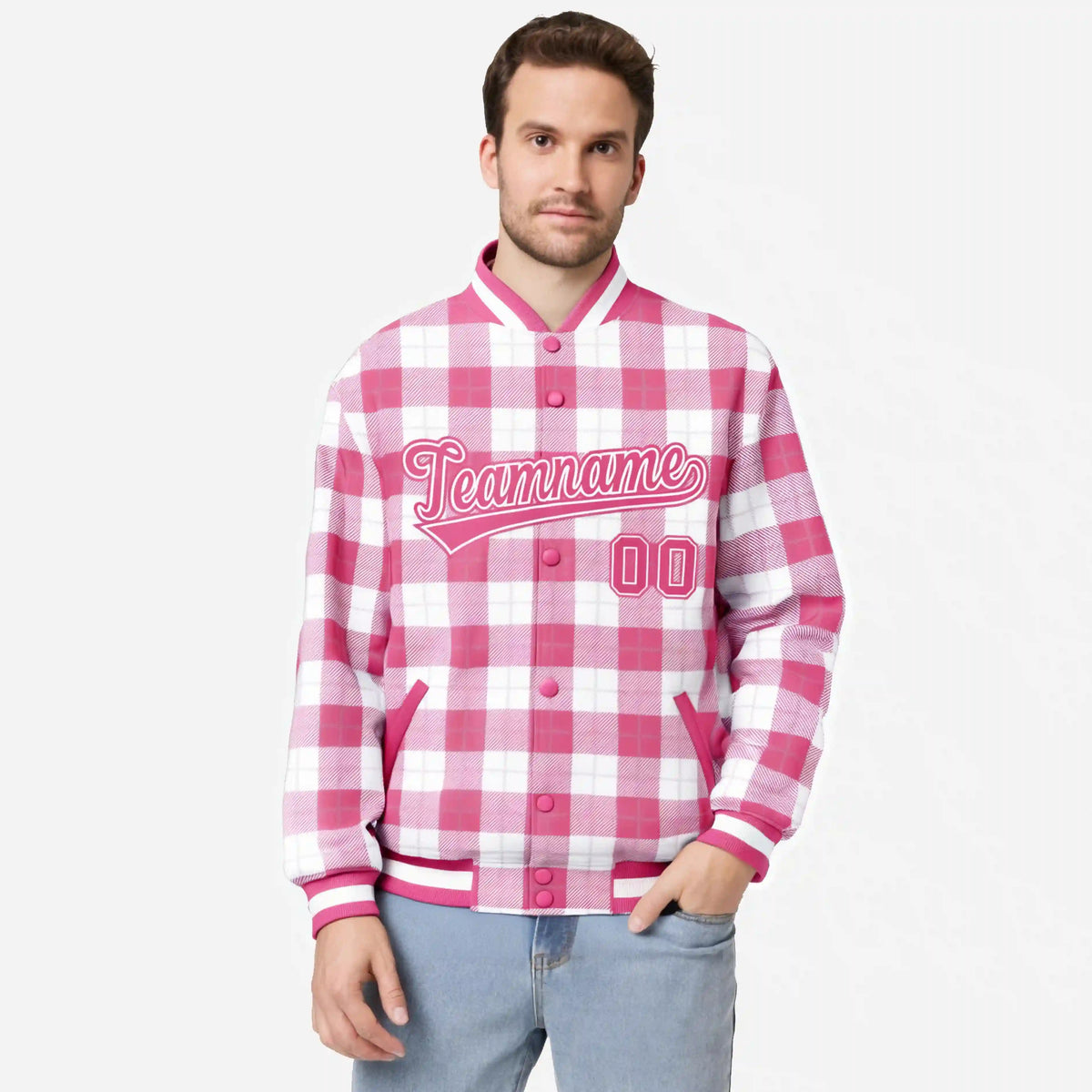 Custom Pink-White Varsity Full-Snap Plaid Pattern Letterman Baseball Jacket