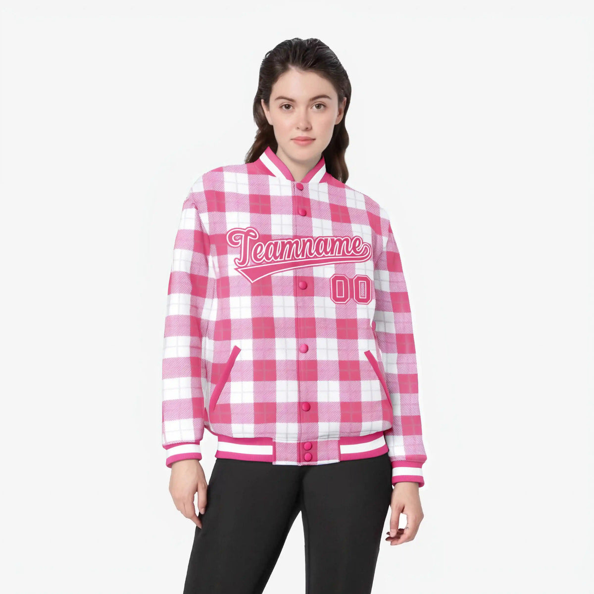 Custom Pink-White Varsity Full-Snap Plaid Pattern Letterman Baseball Jacket