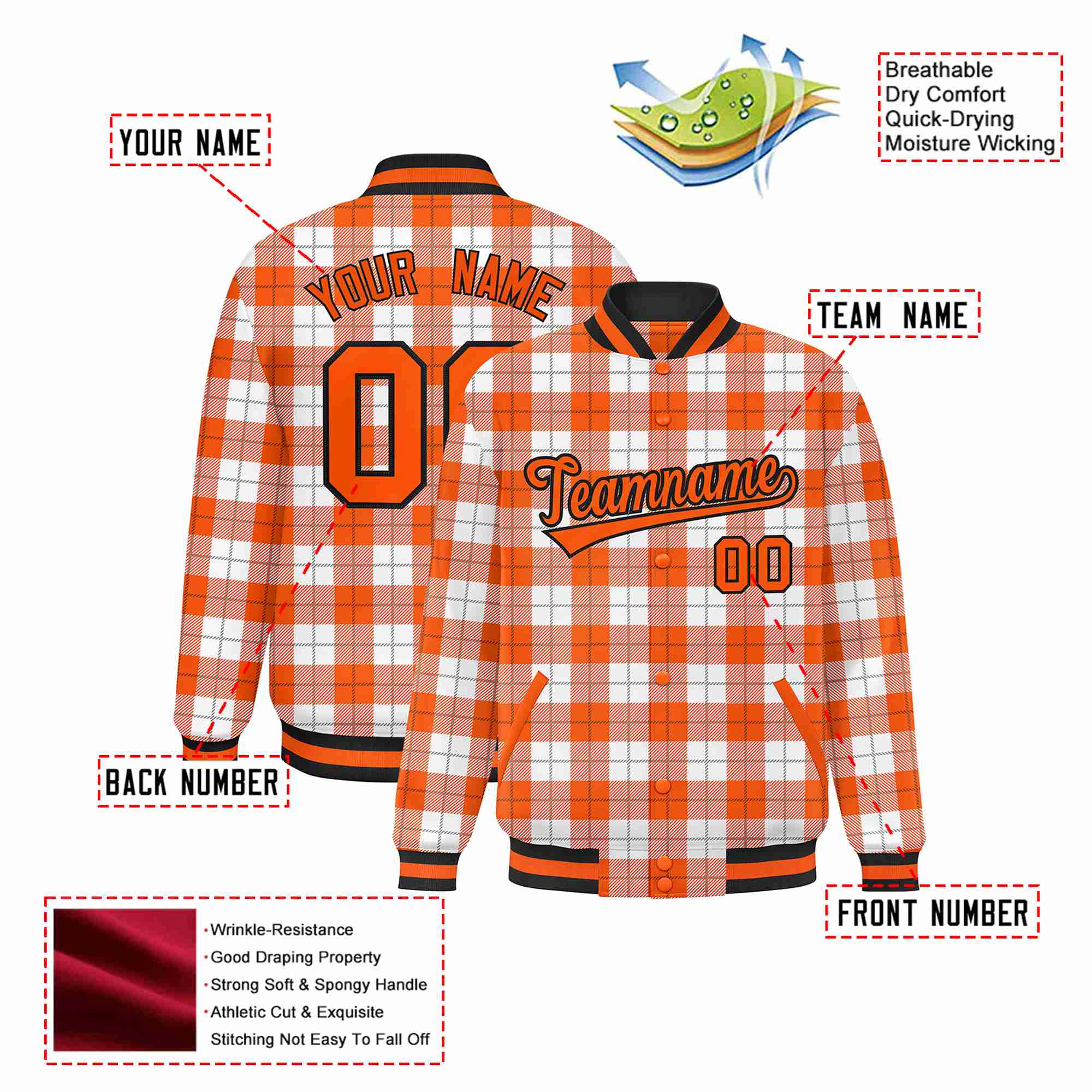 Custom Orange-White Varsity Full-Snap Plaid Pattern Letterman Baseball Jacket