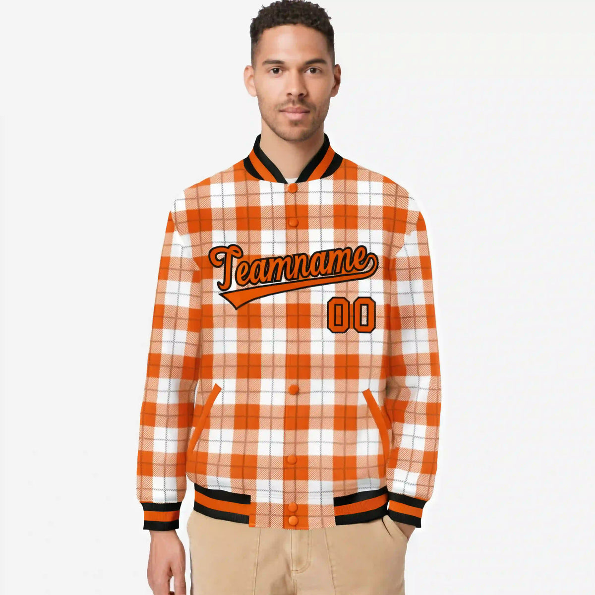 Custom Orange-White Varsity Full-Snap Plaid Pattern Letterman Baseball Jacket