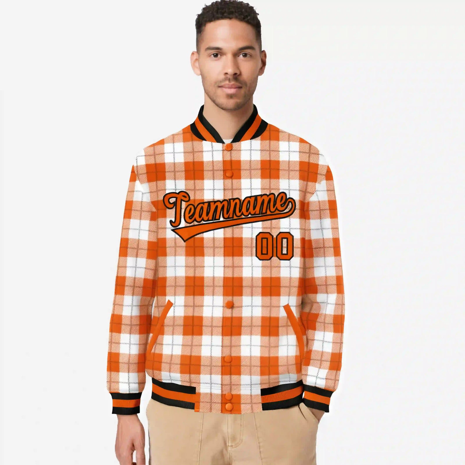 Custom Orange-White Varsity Full-Snap Plaid Pattern Letterman Baseball Jacket