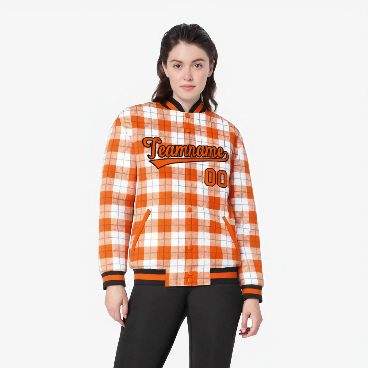 Custom Orange-White Varsity Full-Snap Plaid Pattern Letterman Baseball Jacket