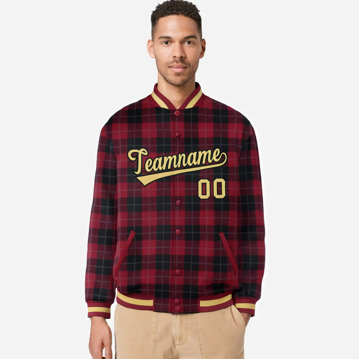 Custom Crimson-Black Varsity Full-Snap Plaid Pattern Letterman Baseball Jacket