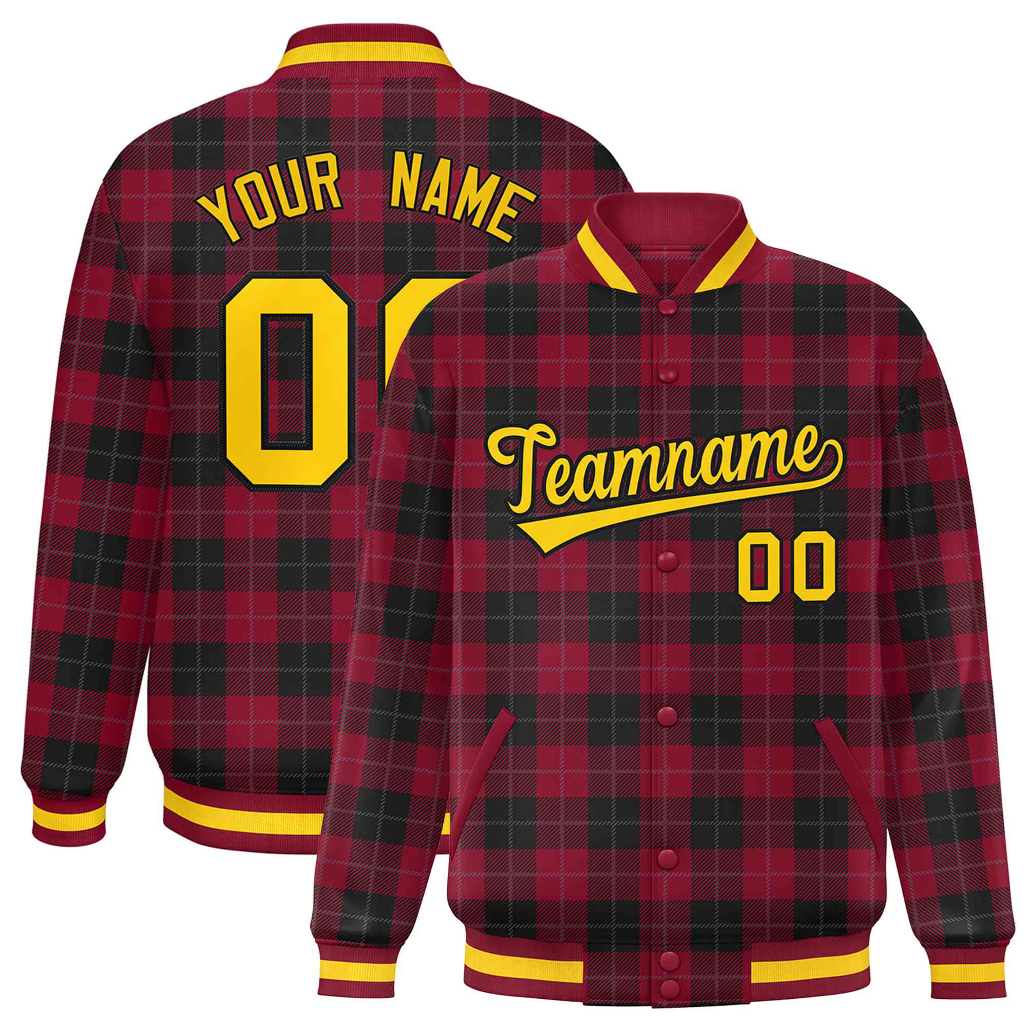 Custom Crimson-Black Varsity Full-Snap Plaid Pattern Letterman Baseball Jacket