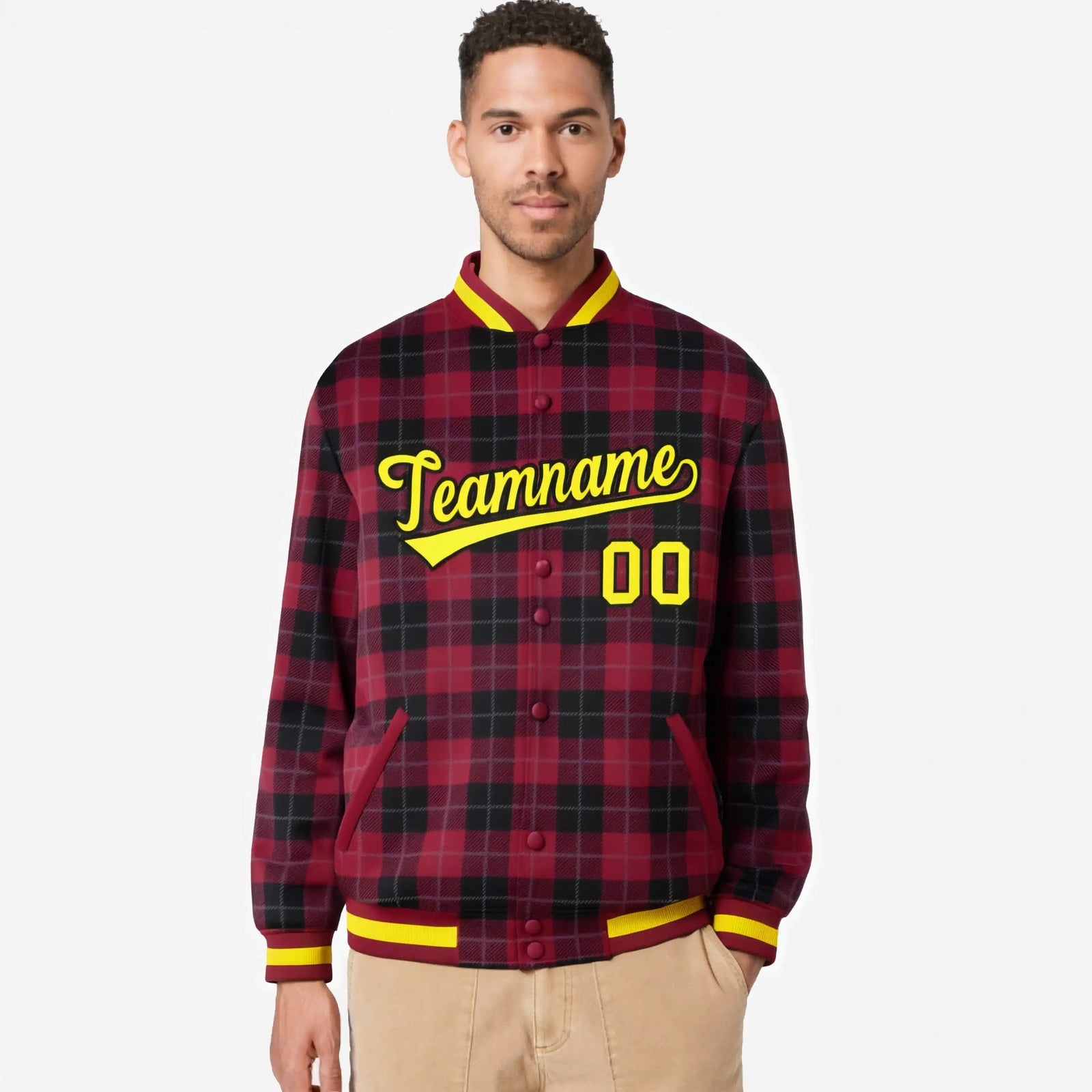 Custom Crimson-Black Varsity Full-Snap Plaid Pattern Letterman Baseball Jacket