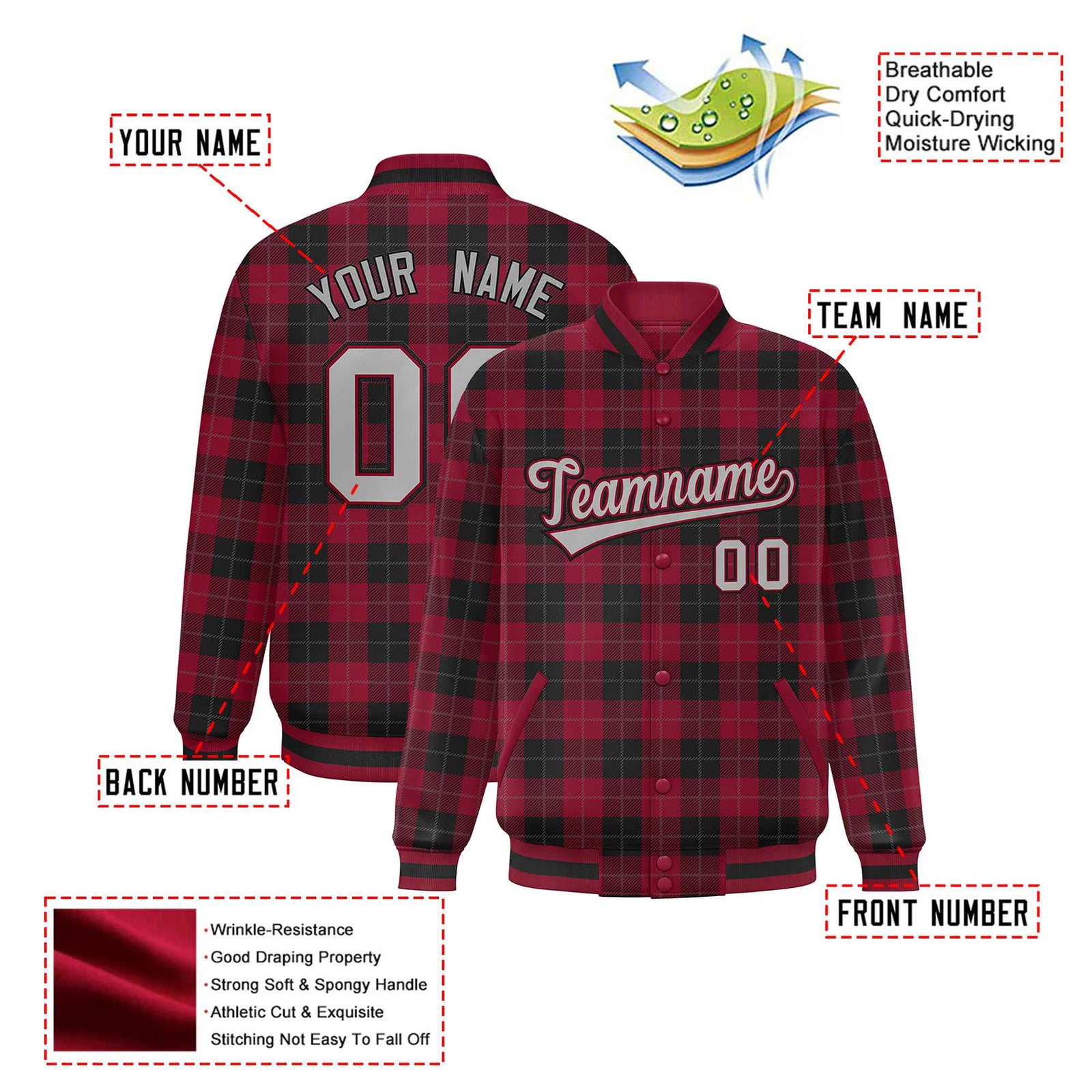 Custom Crimson-Black Varsity Full-Snap Plaid Pattern Letterman Baseball Jacket