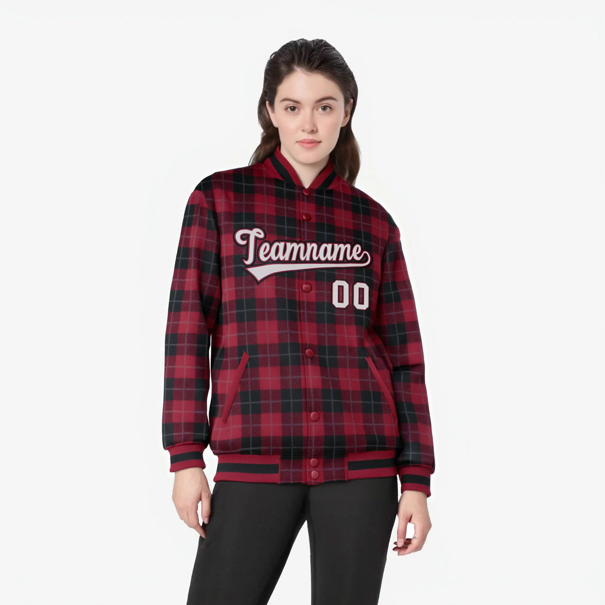 Custom Crimson-Black Varsity Full-Snap Plaid Pattern Letterman Baseball Jacket