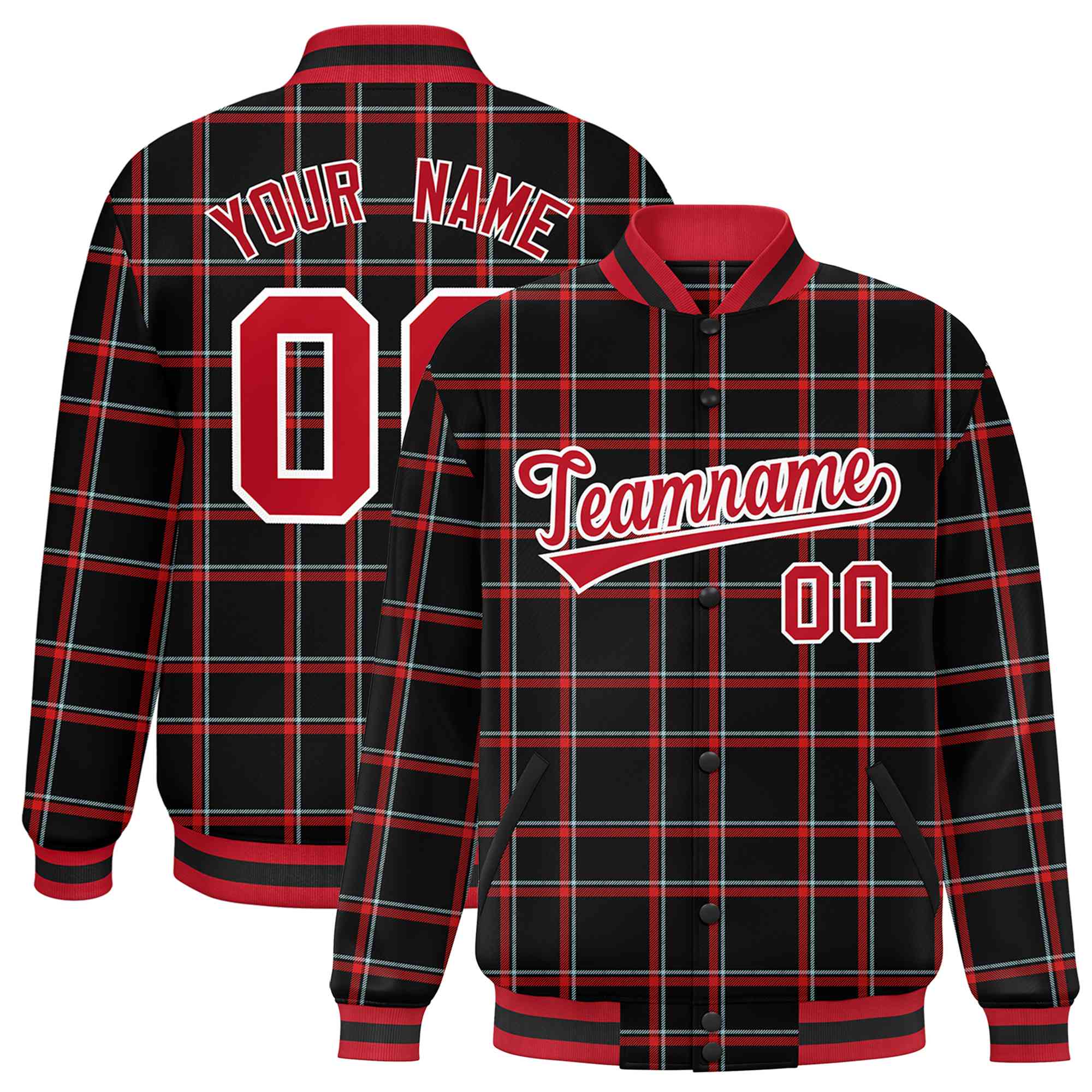 Custom Black-Red Varsity Full-Snap Plaid Pattern Letterman Baseball Jacket