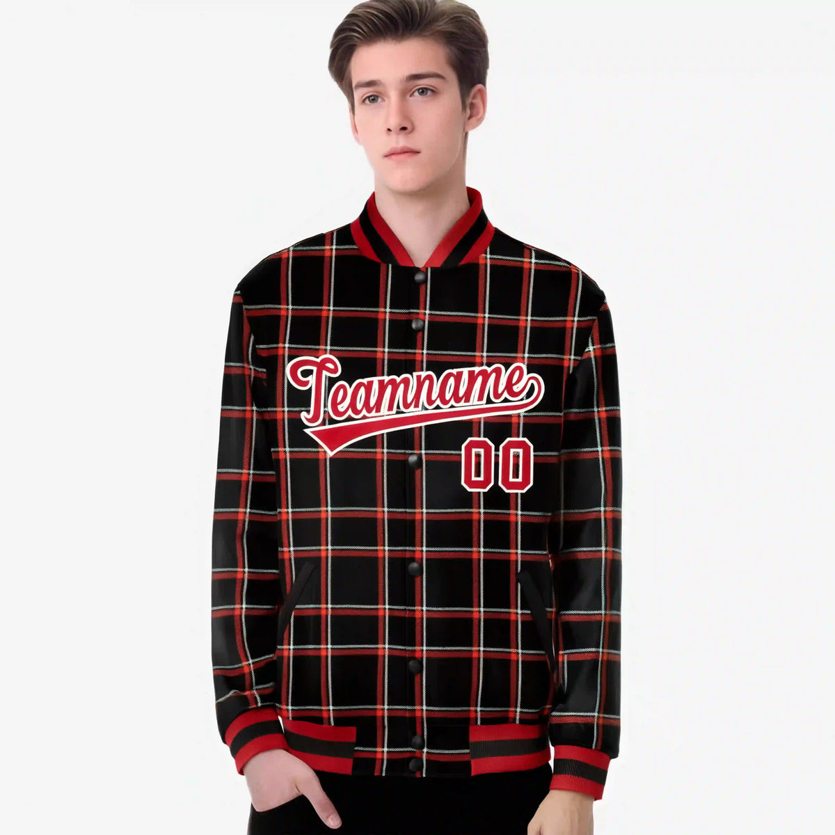 Custom Black-Red Varsity Full-Snap Plaid Pattern Letterman Baseball Jacket