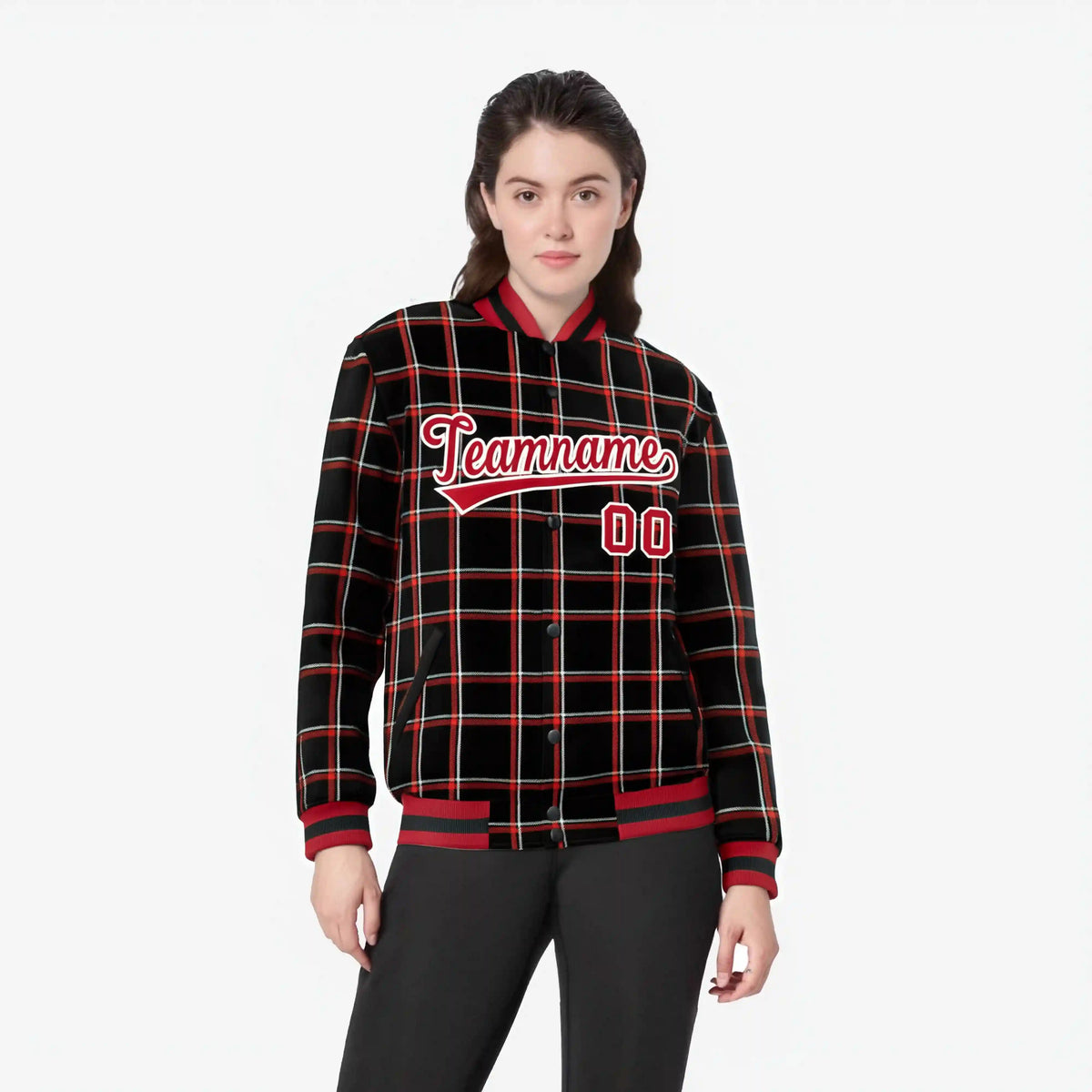 Custom Black-Red Varsity Full-Snap Plaid Pattern Letterman Baseball Jacket