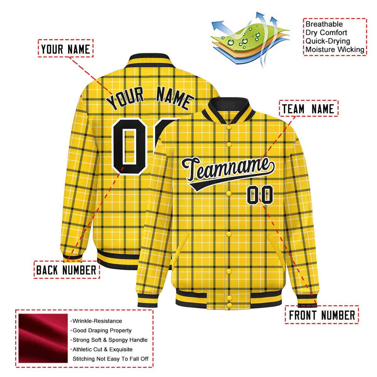 Custom Gold-Black Varsity Full-Snap Plaid Pattern Letterman Baseball Jacket