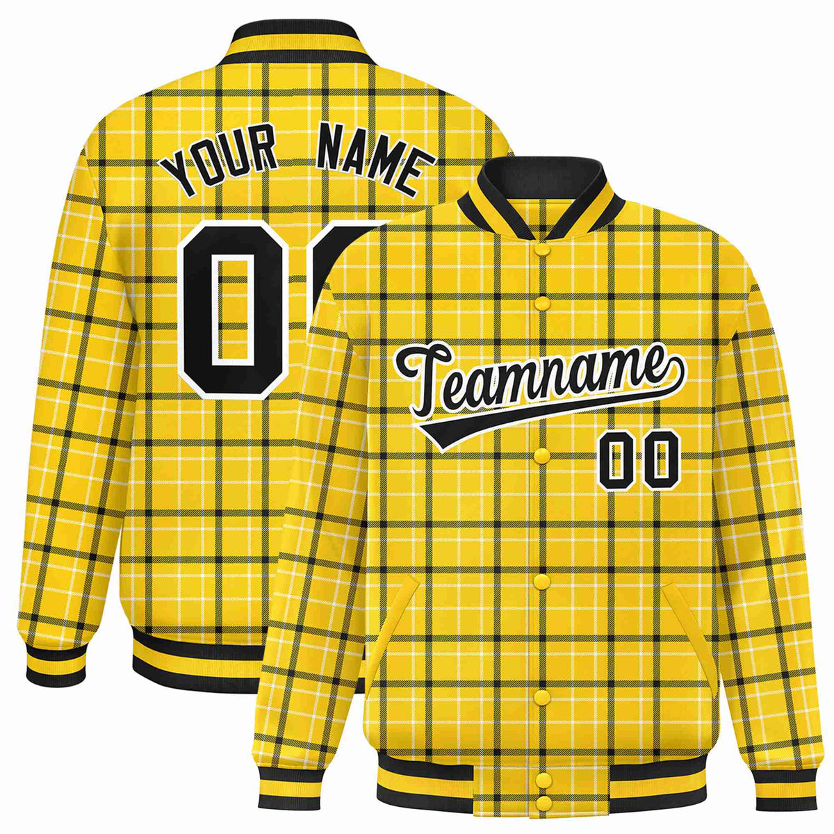 Custom Gold-Black Varsity Full-Snap Plaid Pattern Letterman Baseball Jacket