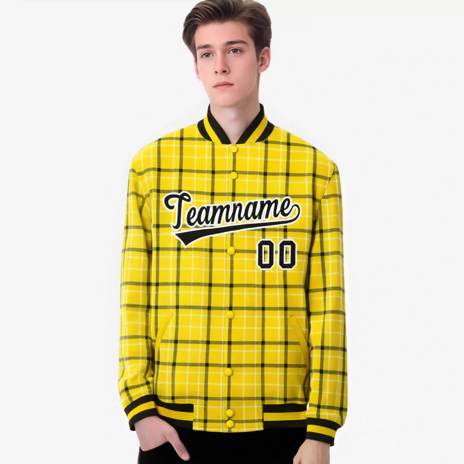 Custom Gold-Black Varsity Full-Snap Plaid Pattern Letterman Baseball Jacket