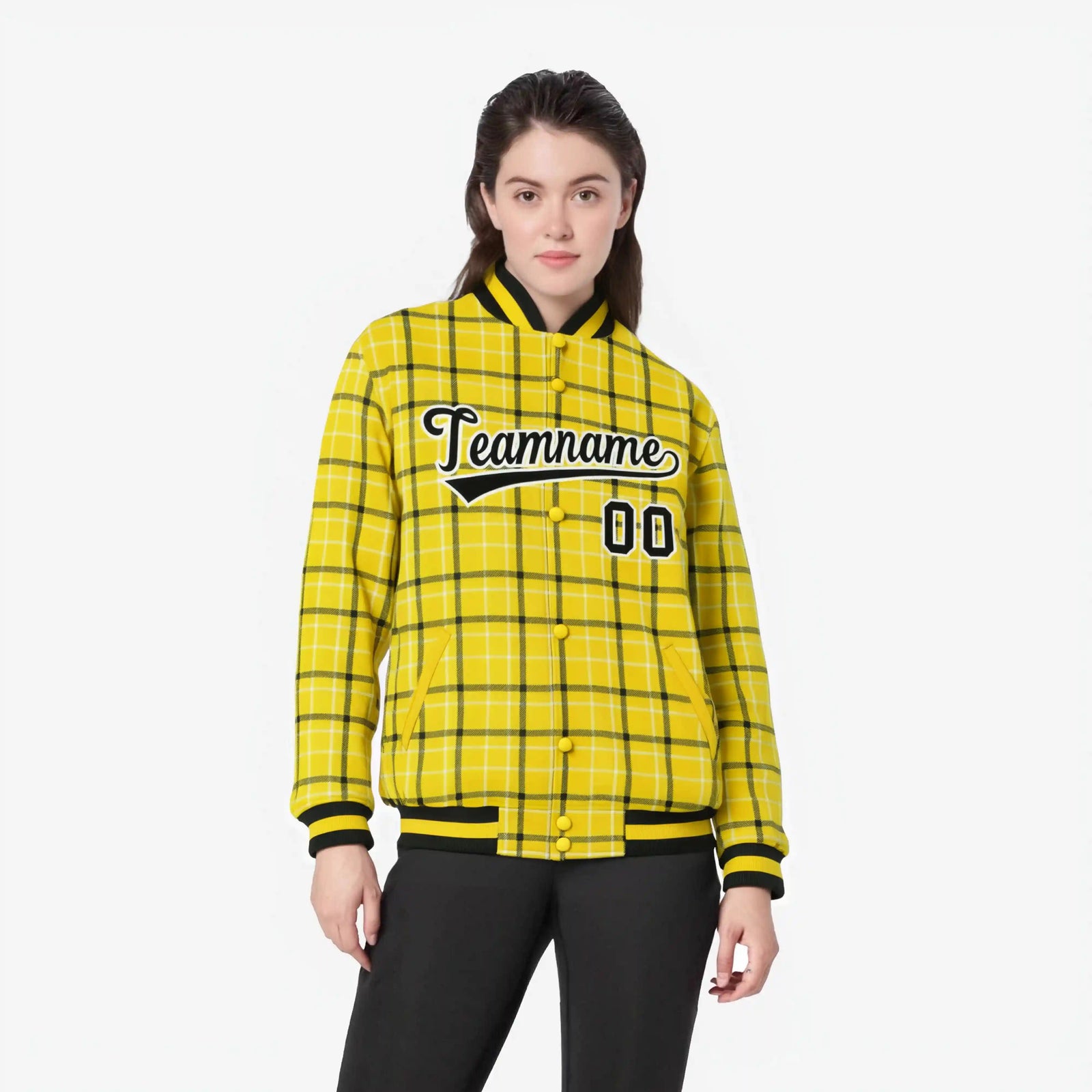 Custom Gold-Black Varsity Full-Snap Plaid Pattern Letterman Baseball Jacket