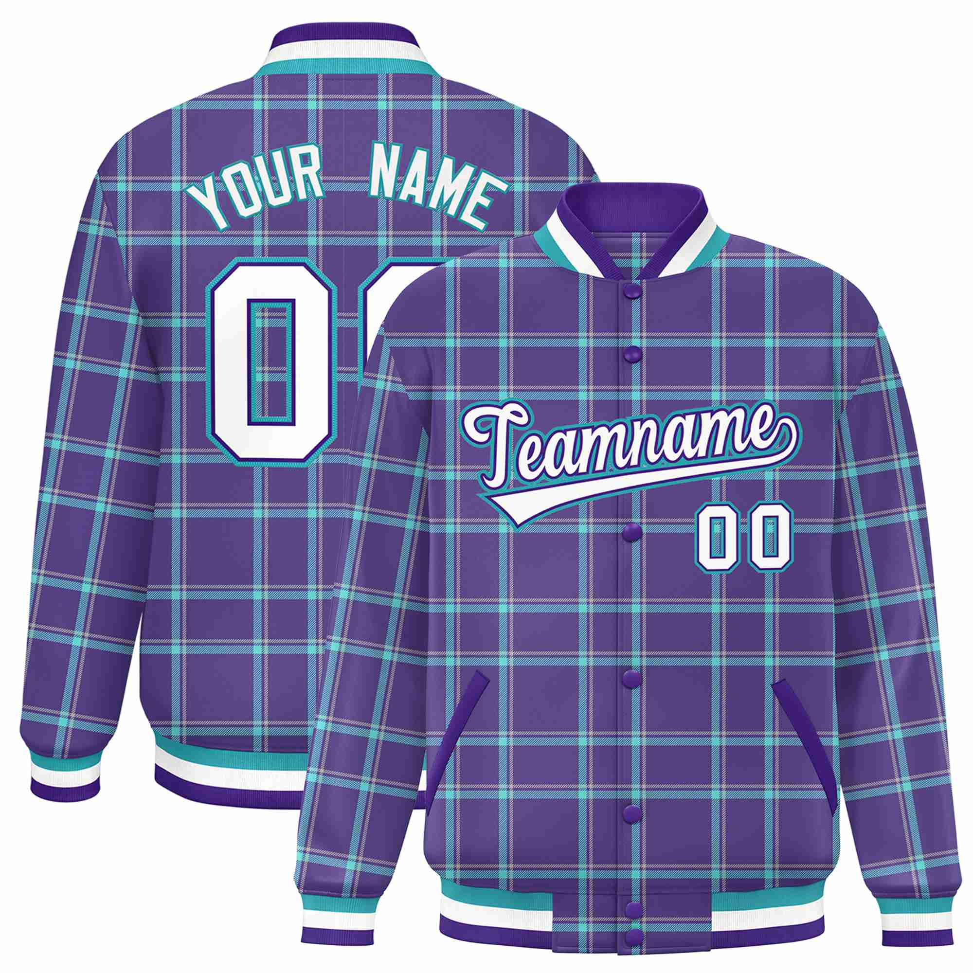 Custom Purple-Aqua Varsity Full-Snap Plaid Pattern Letterman Baseball Jacket