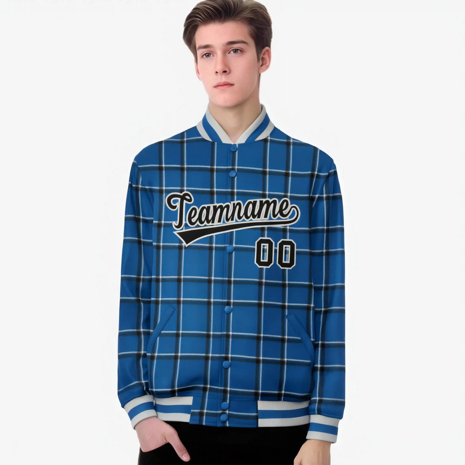 Custom Royal Blue-Black Varsity Full-Snap Plaid Pattern Letterman Baseball Jacket
