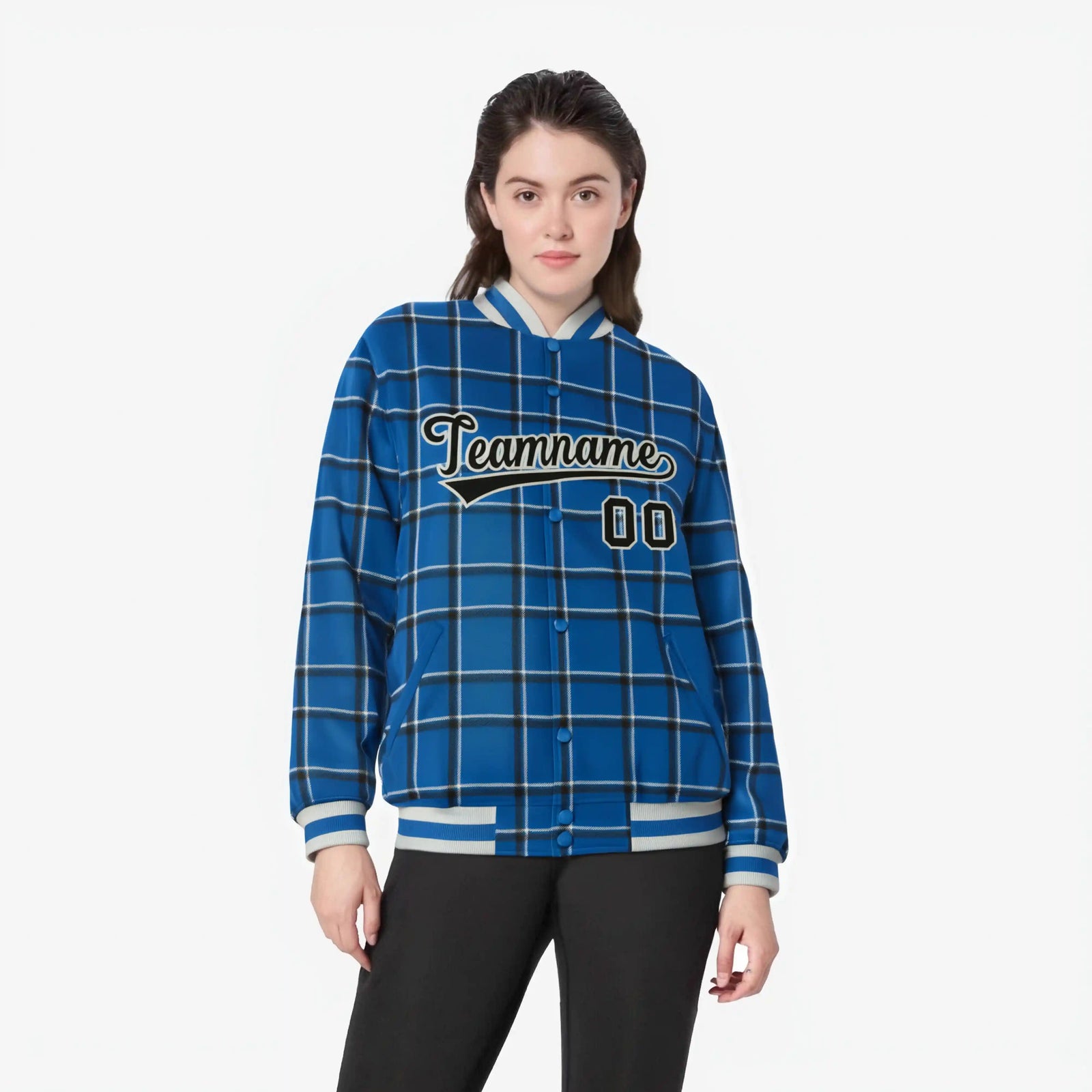 Custom Royal Blue-Black Varsity Full-Snap Plaid Pattern Letterman Baseball Jacket