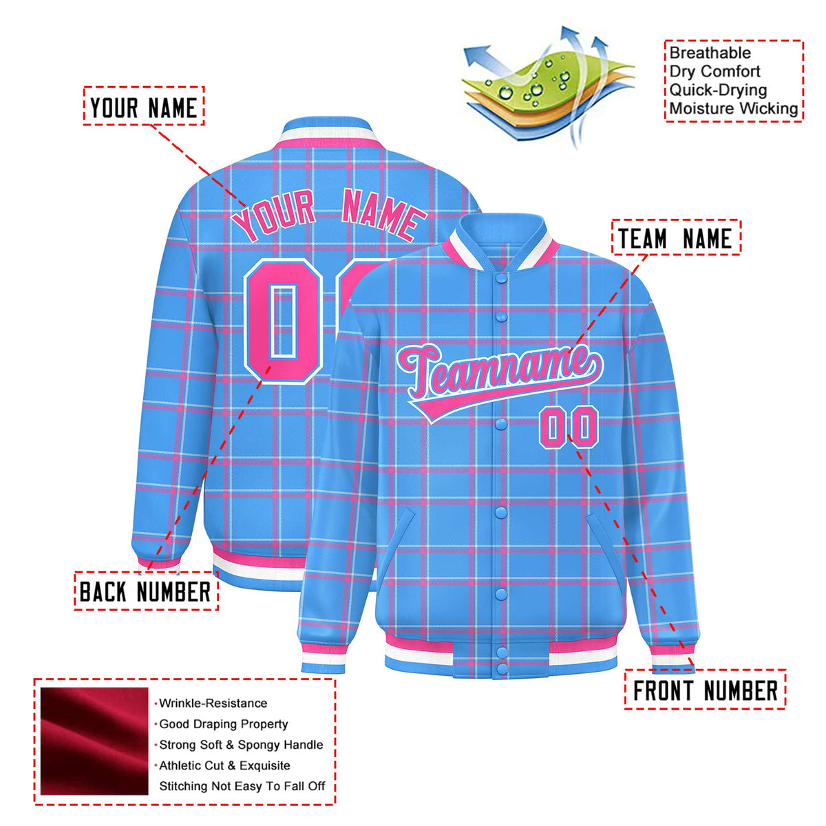 Custom Powder Blue-Pink Varsity Full-Snap Plaid Pattern Letterman Baseball Jacket